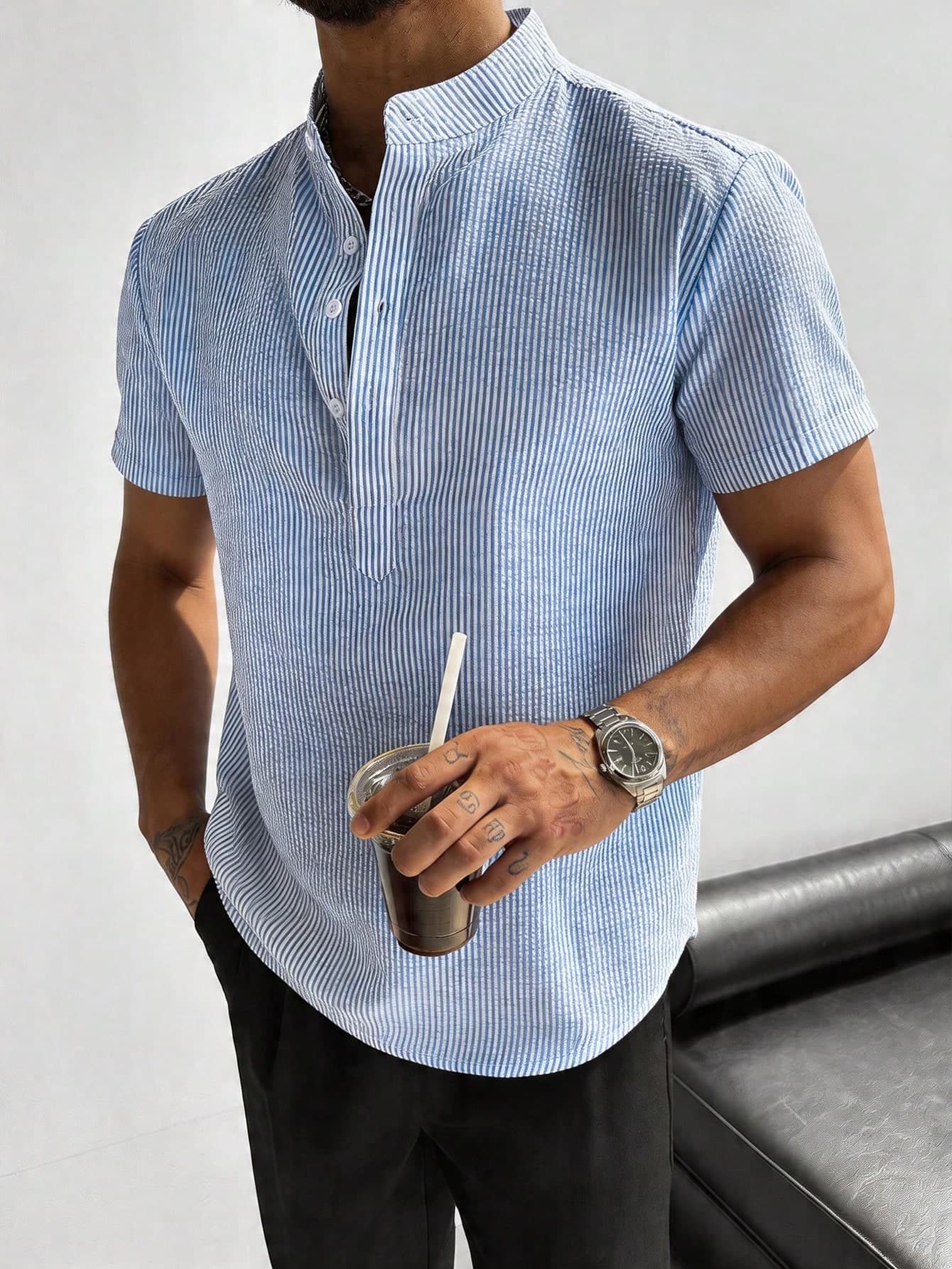 GloMan Men's Textured Henley Collar Striped Short Sleeve Button-Up Casual Shirt, Breathable, Suitable For Vacation, Daily, Golf, Streetwear, Summer, Husband/Boyfriend Gift