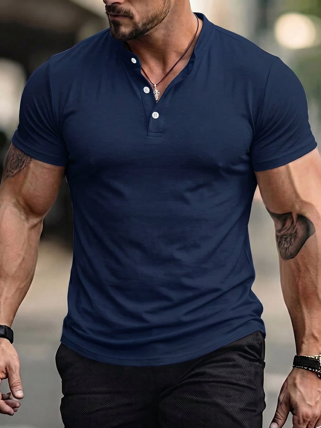 Men's Summer Casual Versatile Solid Color Henley Neck Short Sleeve T-Shirt
