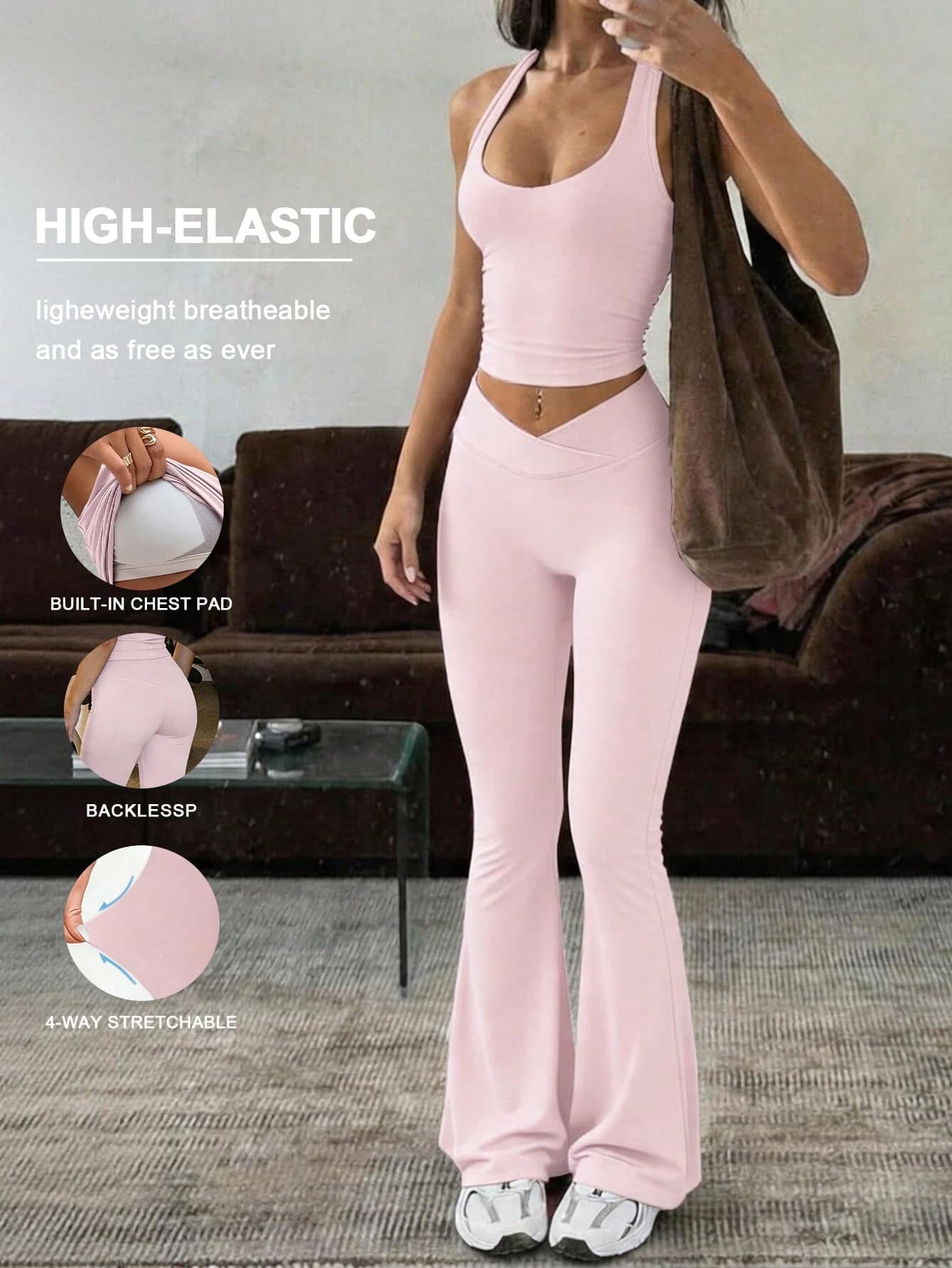 GAOVOT Women's Summer Sexy V-Neck Tank Top And High-Waist Spicy Sports Set, Suitable For Sports Yoga Fitness Pink Elegant