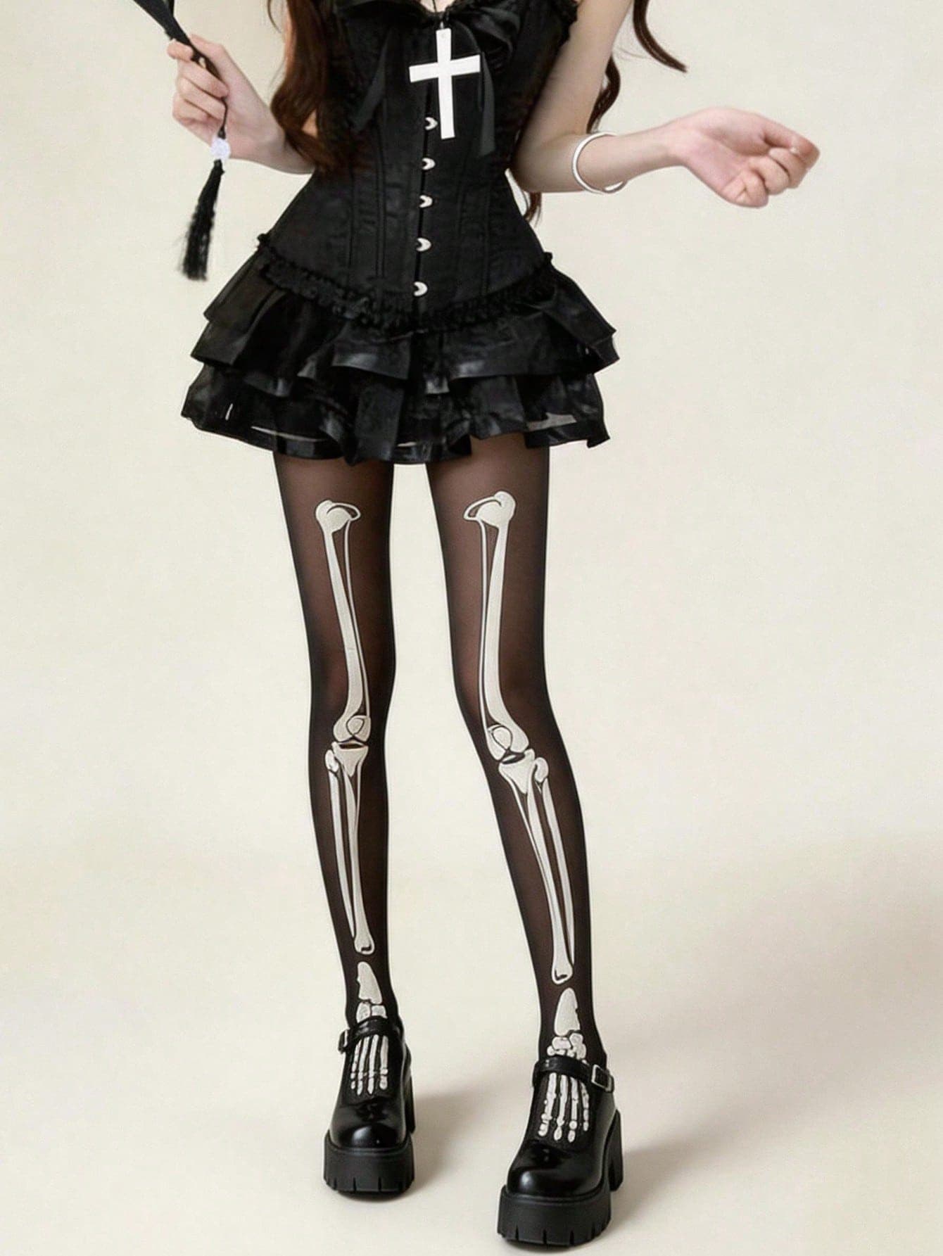 1 Pair Thin Black Sheer Skull Bone Print Tights, Anti-Snag Soft Material, Suitable For Daily Wear And Cosplay Gothic Style
