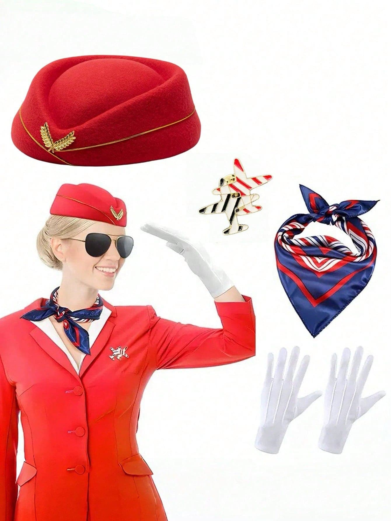 5pcs Flight Attendant Accessory Set, Suitable For Matching Summer Flight Attendant Uniform, Can Be Used For Parties And Other Occasions, Including Flight Attendant Hat, Gloves, Scarf And Brooch. Also Suitable For Dance, Music Festivals And Holiday Events.