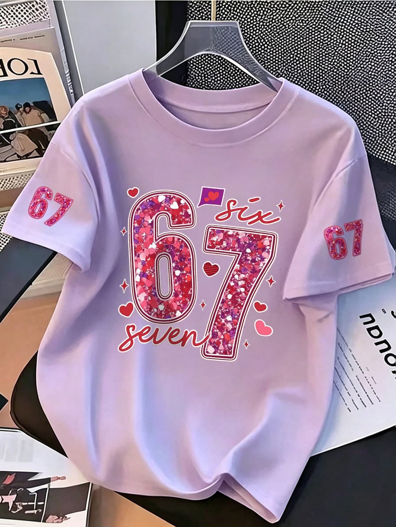 Teen Girls Coquette Style White T-Shirt, Shiny "67" Number And Heart Print Casual Short Sleeve T-Shirt, Cute Y2K Summer Streetwear Top