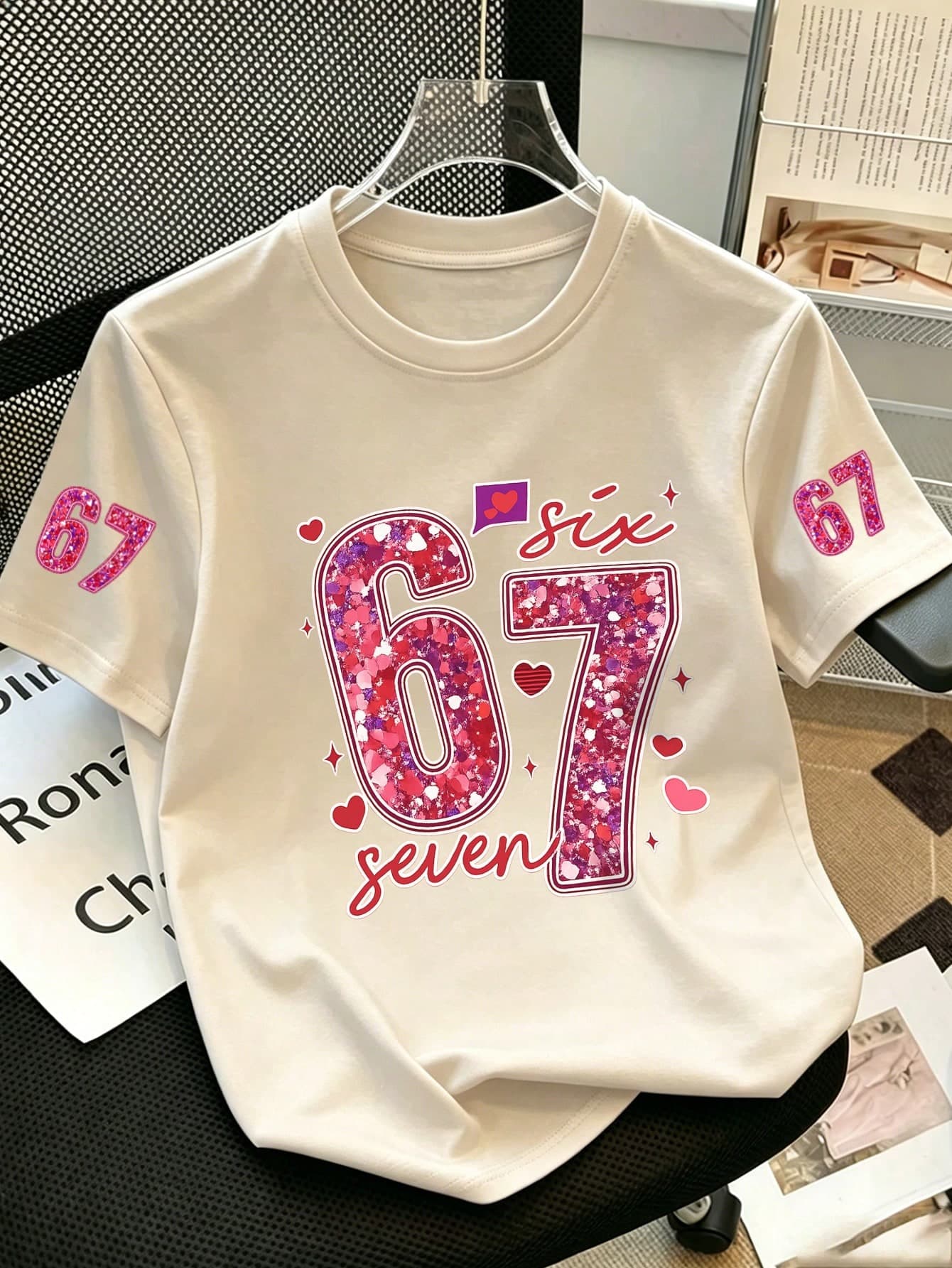 Teen Girls Coquette Style White T-Shirt, Shiny "67" Number And Heart Print Casual Short Sleeve T-Shirt, Cute Y2K Summer Streetwear Top