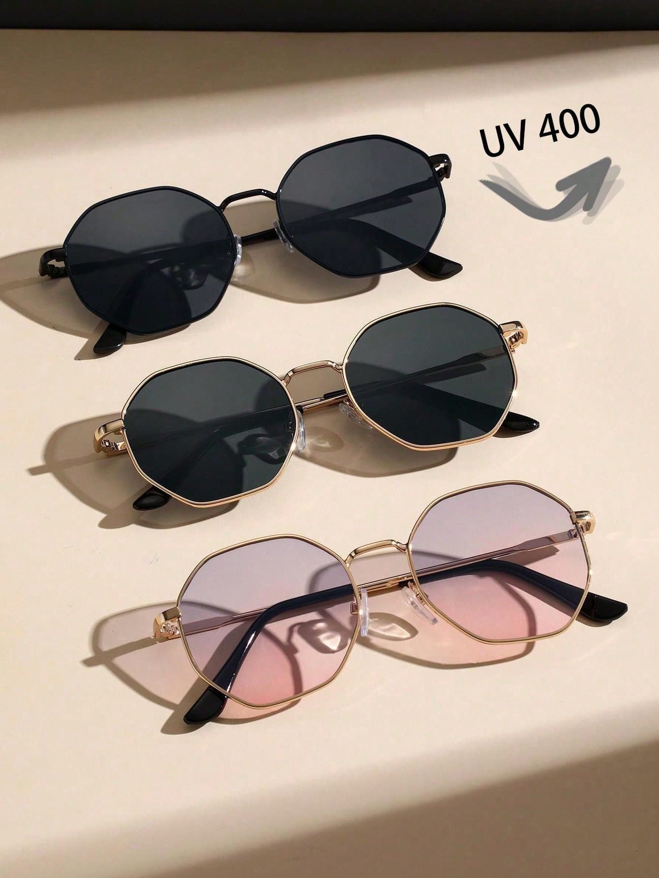 3 Pairs Classic Metal Geometric Frame Fashion Black & Pink UV Protection Sunglasses, Suitable For Music Parties, Vacations, Daily Life, Outdoor Activities, Fashionable Sun Protection, Elegant Matching, Suitable For Family Outings, Travel, Vacations, Summer Beach Vacations And Other Occasions