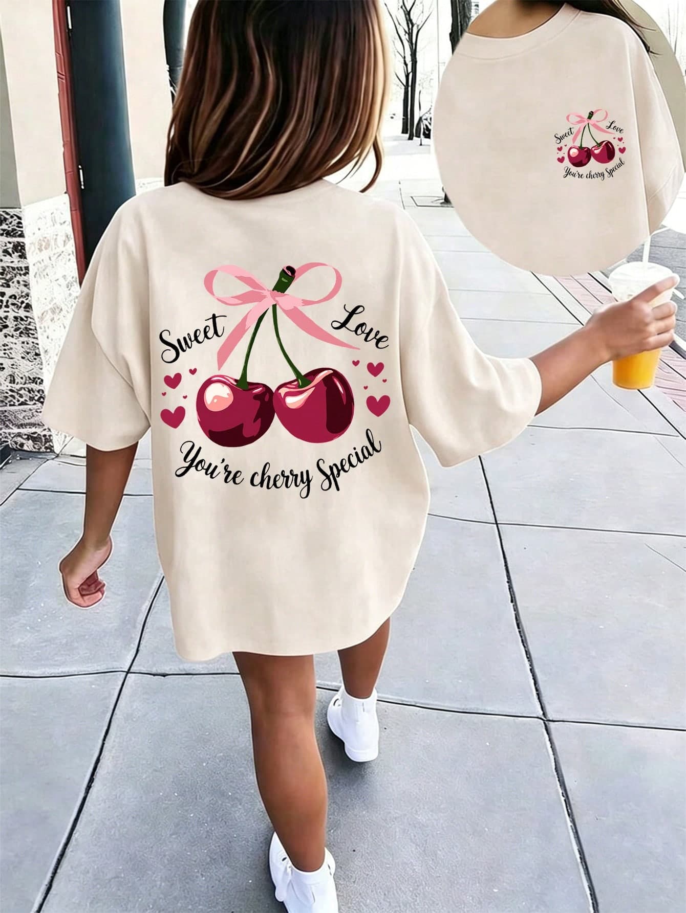 Tween Girls Cream Short Sleeve Crew Neck T-Shirt, Sweet Love Cherry Bow & Heart Back Print Casual Oversized Kids Summer Beach Tee