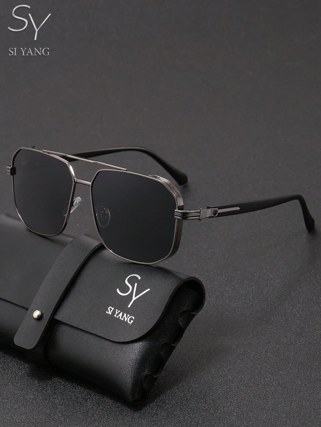 SY SI YANG Brand 1 Pair Men's & Women's Double Bridge Square Frame Polarized Fashion Glasses, Gunmetal Metallic Texture, Anti-Glare Driving Glasses For Travel, Walking, Photography, Business, Daily Commute, Versatile Style