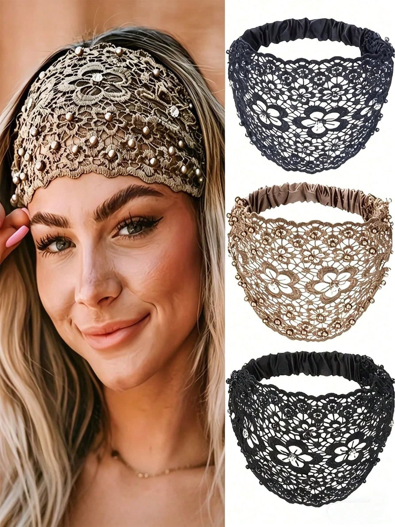 Plum Blossom Openwork Headband With Beaded Wide Edge, Hair Clip For Concealing White Hair