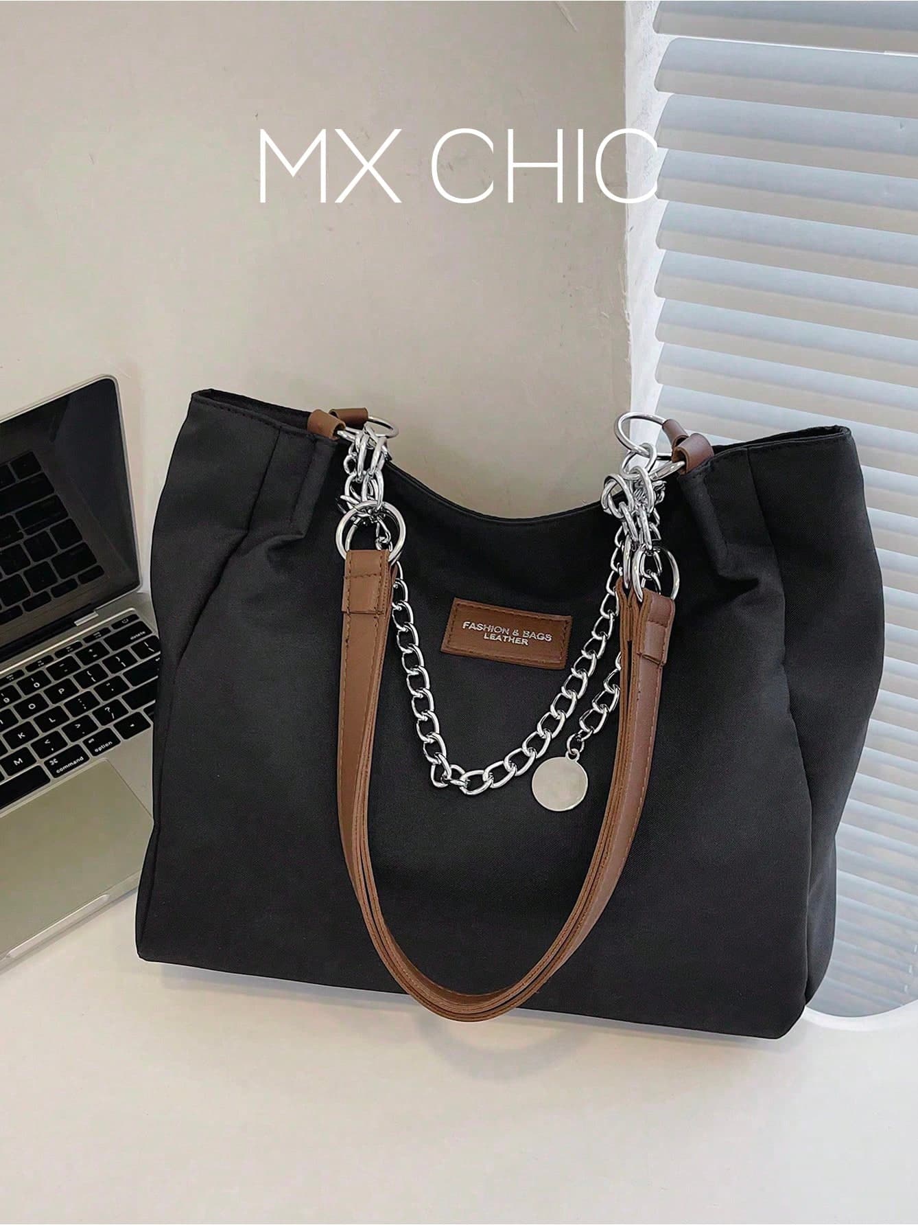 Women's Solid Color Chain Decor Shoulder Bag, Minimalist Lightweight Large Capacity Shopping Bag, Suitable For Daily Office And Travel