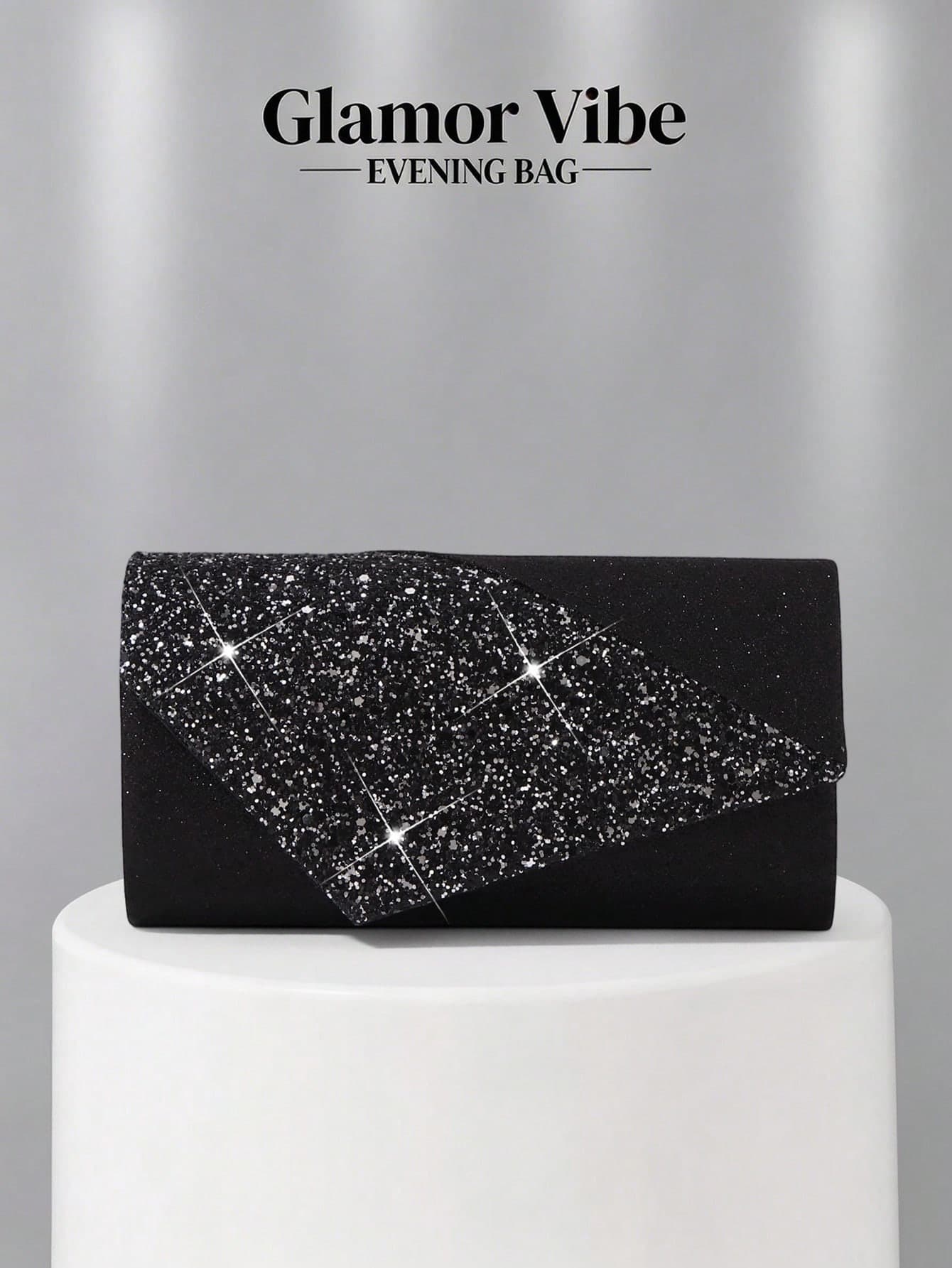 Sparkling Rhinestone Embellished Evening Clutch - Black Glitter Envelope Bag With Detachable Chain, Suitable For Weddings, Galas, Parties