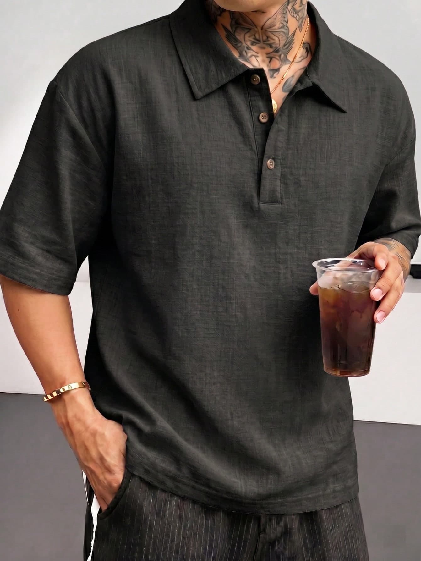 Blueprint Man 1pc Men's Polo Shirt, Black Faux Linen Textured Short Sleeve Polo Shirt, Draping Faux Linen Fabric, Loose Fit Breathable Japanese Casual Light Business Commute, Daily Commute Business Casual Summer
