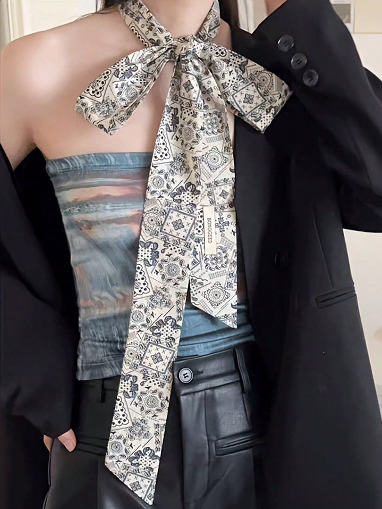1pc Fashion Versatile Women's Narrow Long Scarf, French Vintage Geometric Pattern Scarf, Straw Bag/Handbag Handle Decoration Scarf, Women's Bag Small Decoration, Hair Band, Scarf, Belt, Perfect Gift For Girls