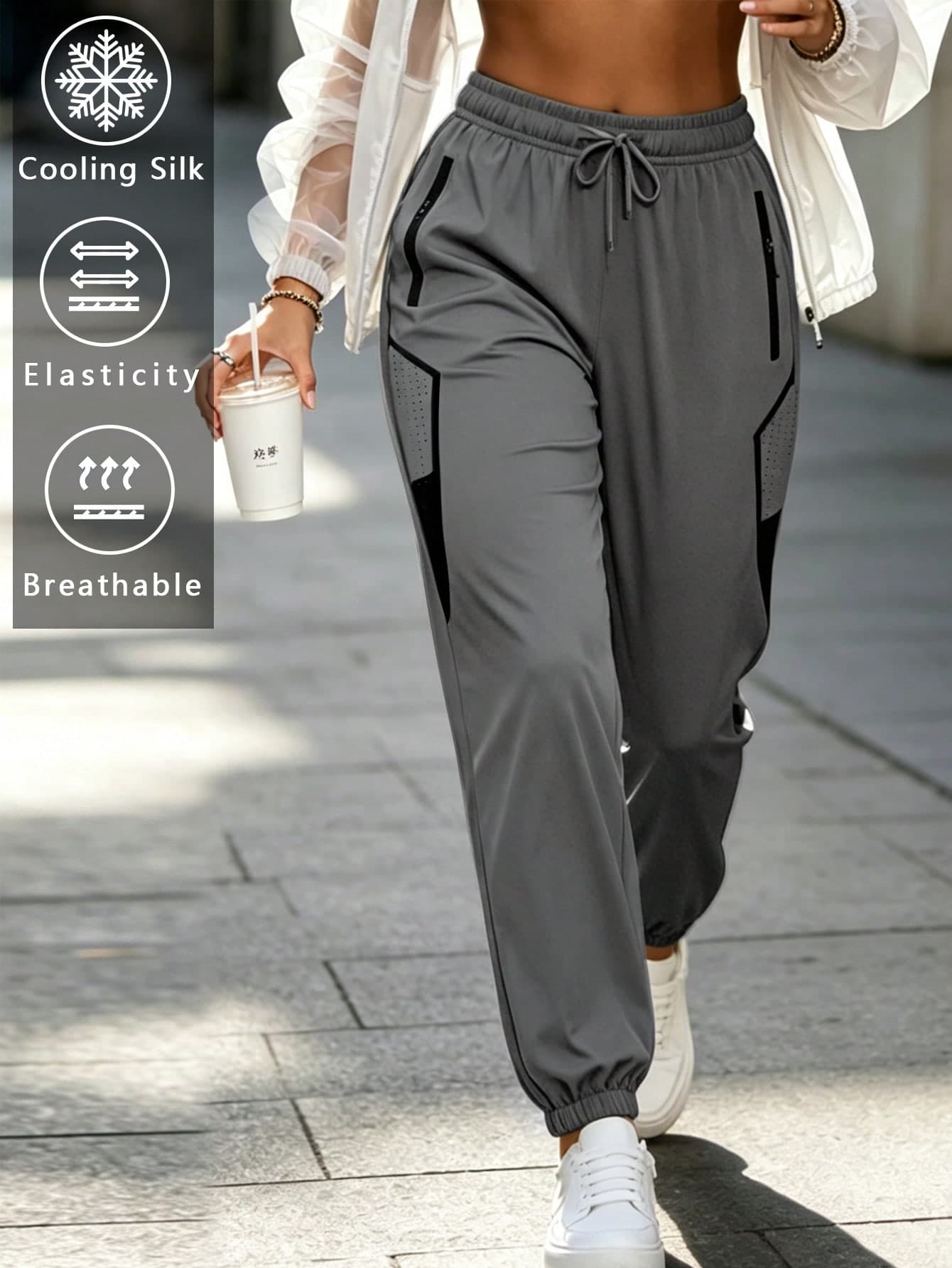 Women's Summer Minimalist Versatile Drawstring Waist Cuffed Sports Long Pants, Fashionable Thin Solid Color Casual Long Pants, Ice-Feel, Breathable Side Vents, Elastic, Suitable For Daily Wear