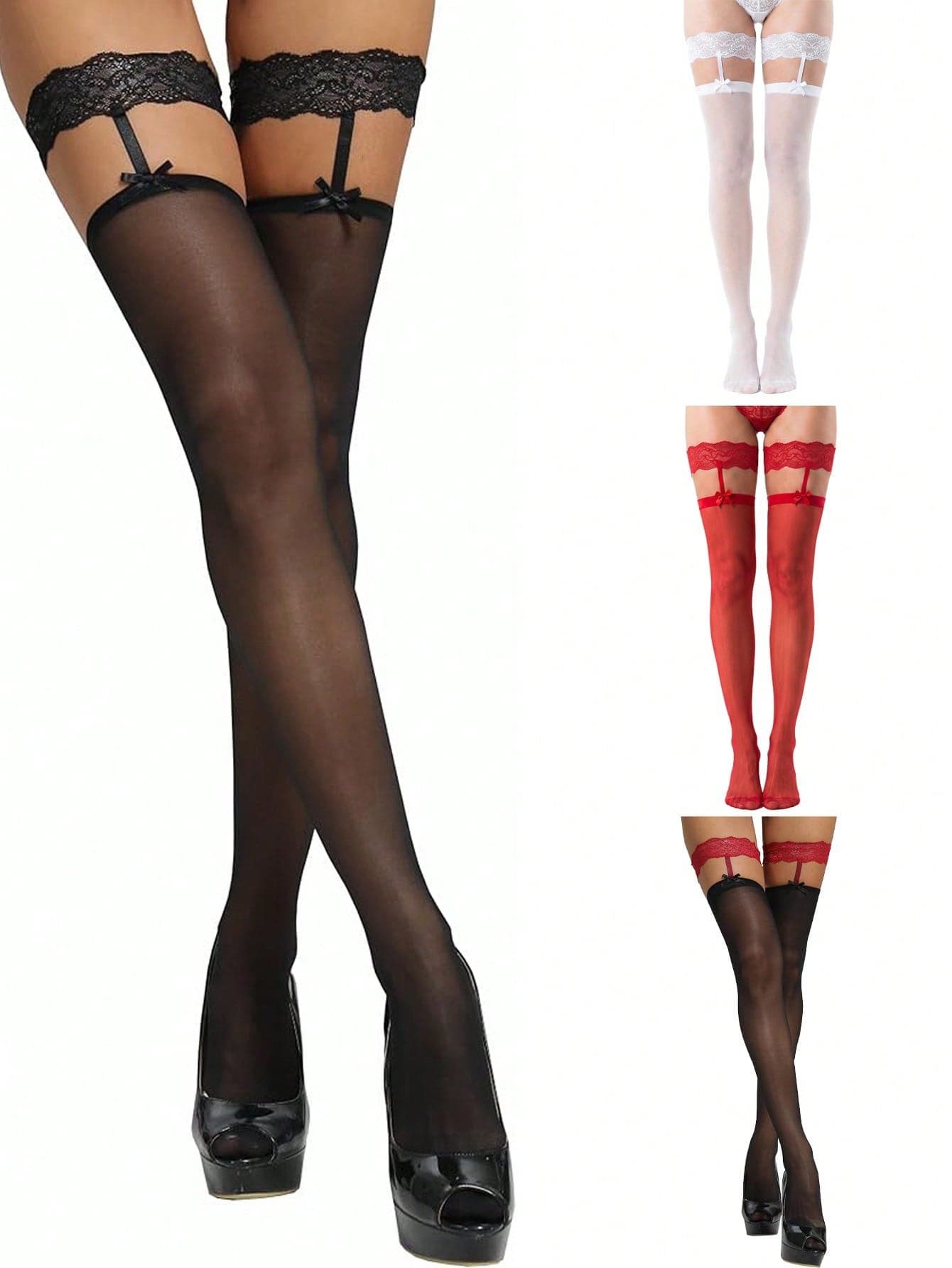 1 Pair Women's Thigh High Stockings Lace Top Sheer Stocking Bow Suspenders Pantyhose For Women