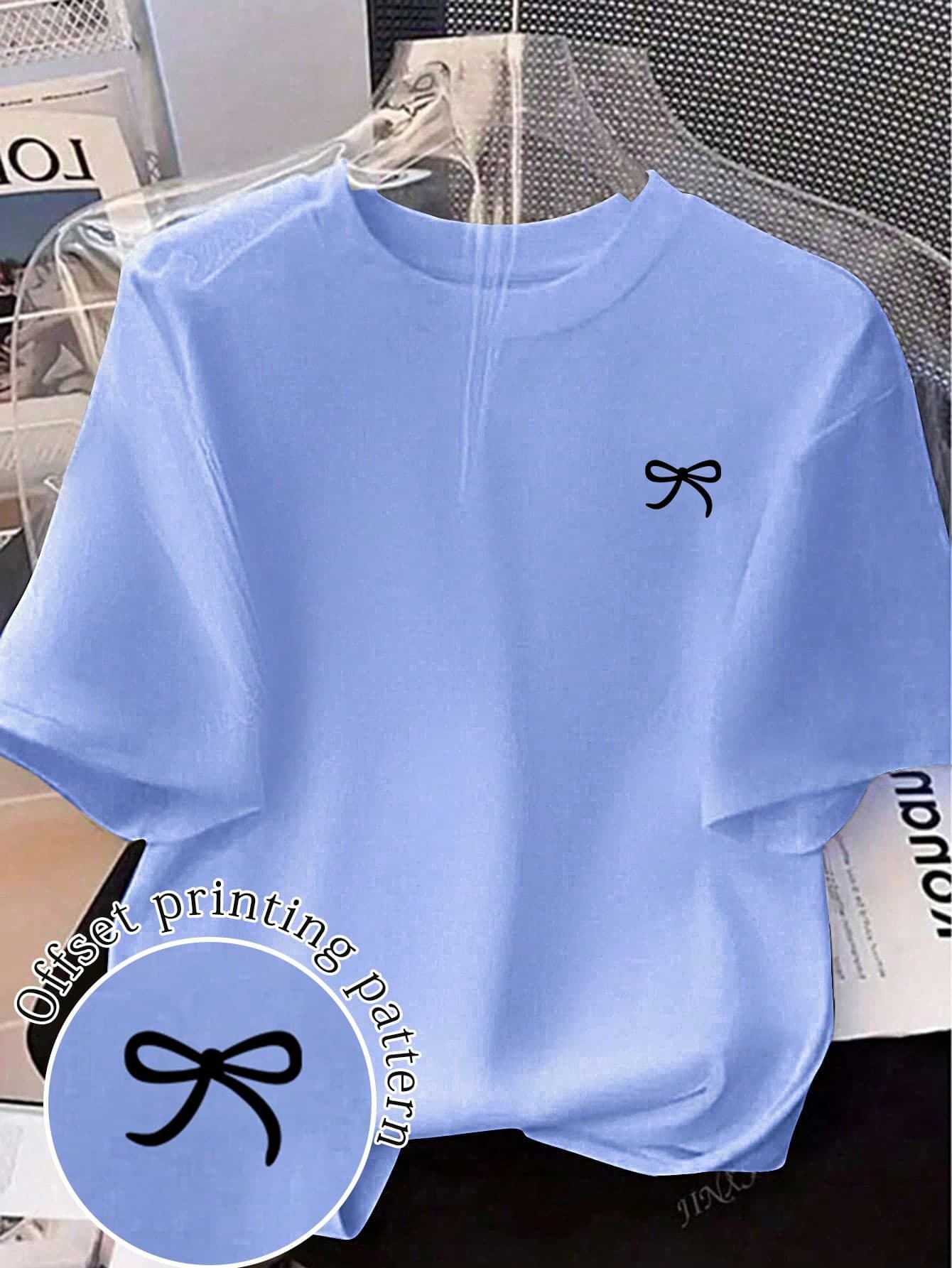 Bow Knot Print Wide Shoulder Short Sleeve Loose T-Shirt Casual Summer