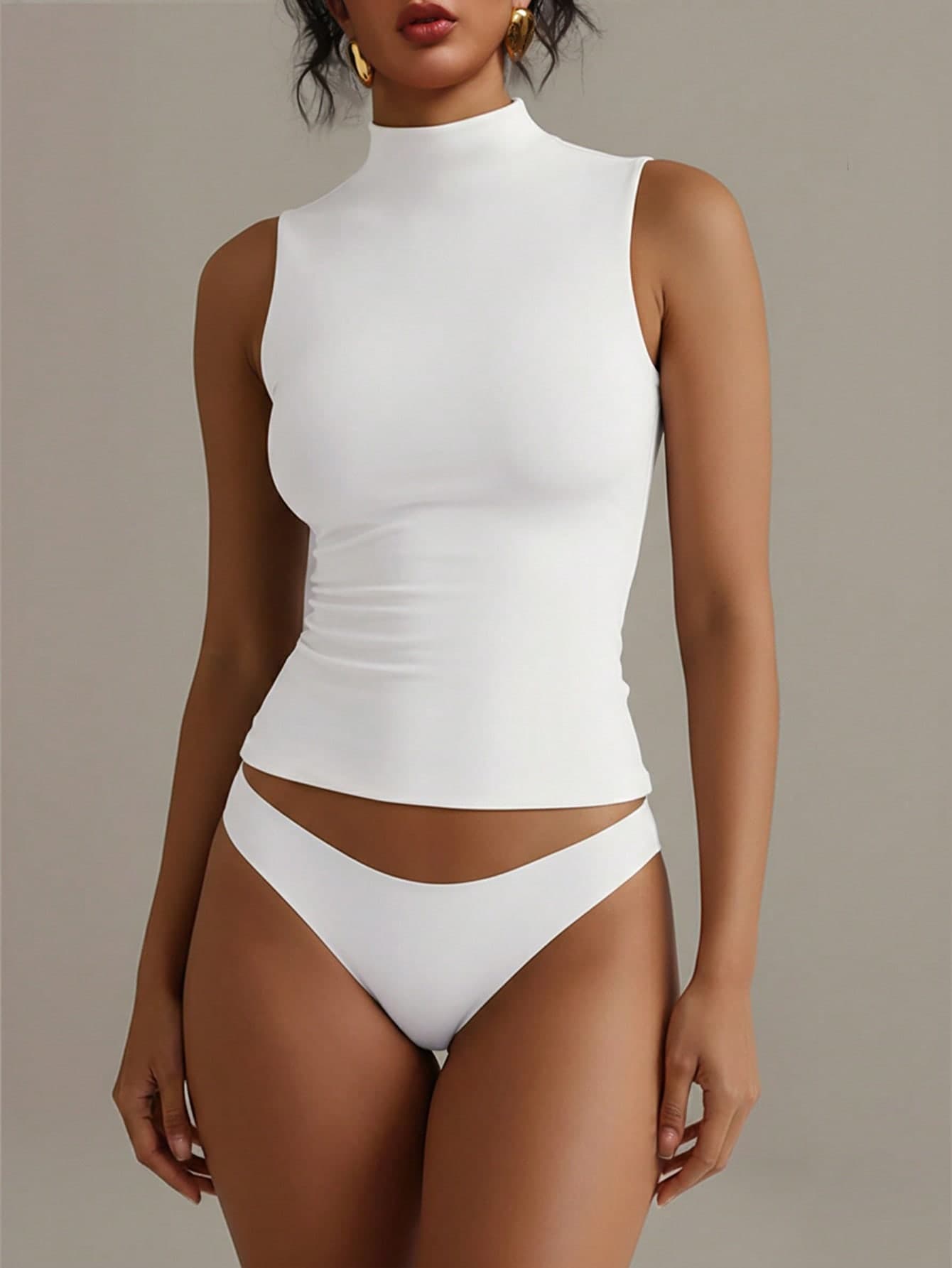 XLLAIS Crew Neck Sleeveless Solid Color White Base Double-Layer Elastic Fitted T-Shirt Casual Summer