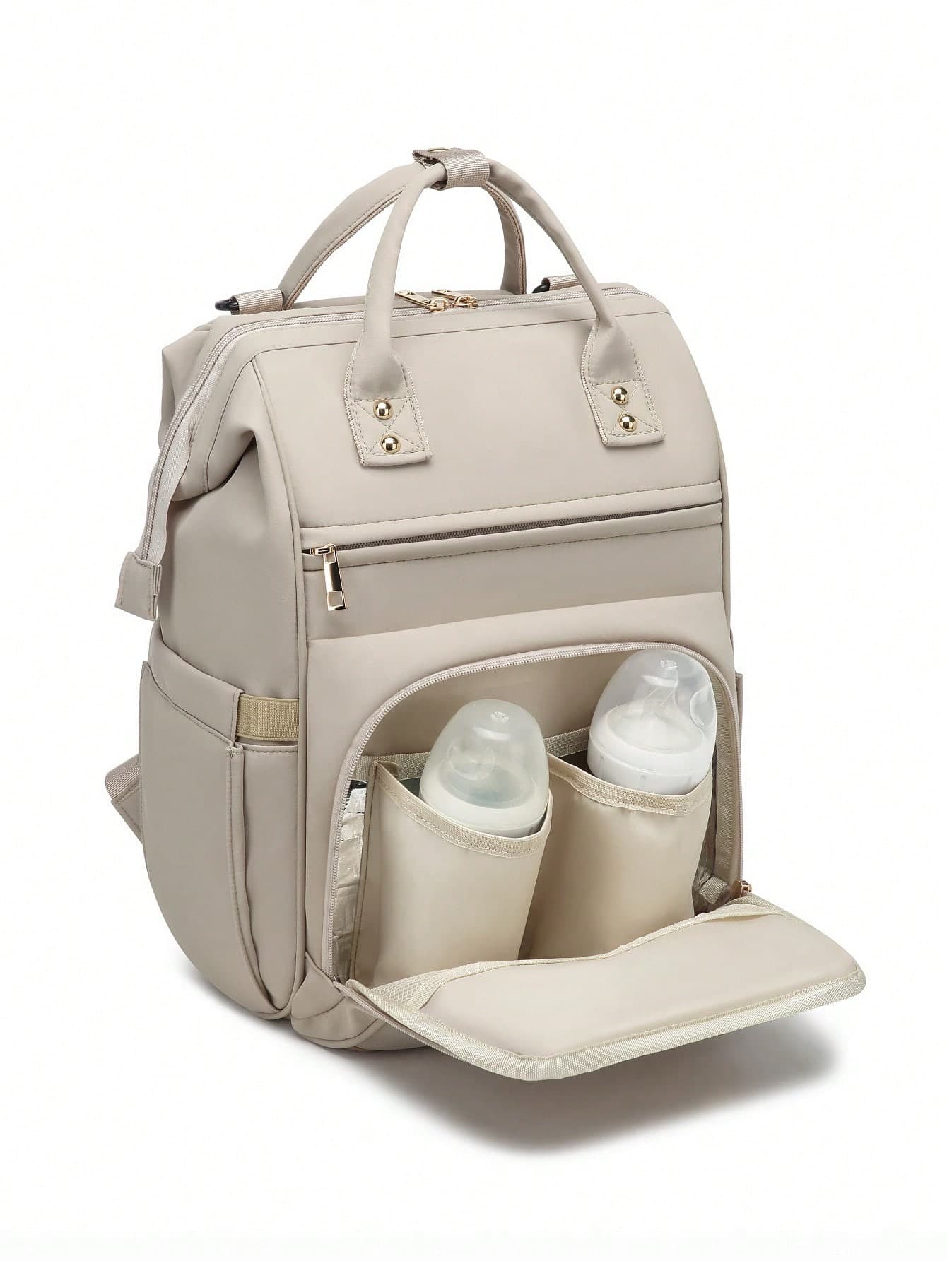 1pc Solid Color Premium Fabric Baby Bottle Bag With Wide Shoulder Strap, Large Capacity Back-Curved Pocket, Zipper Closure, Dry & Wet Separation, Suitable For Moms' Daily Baby Care