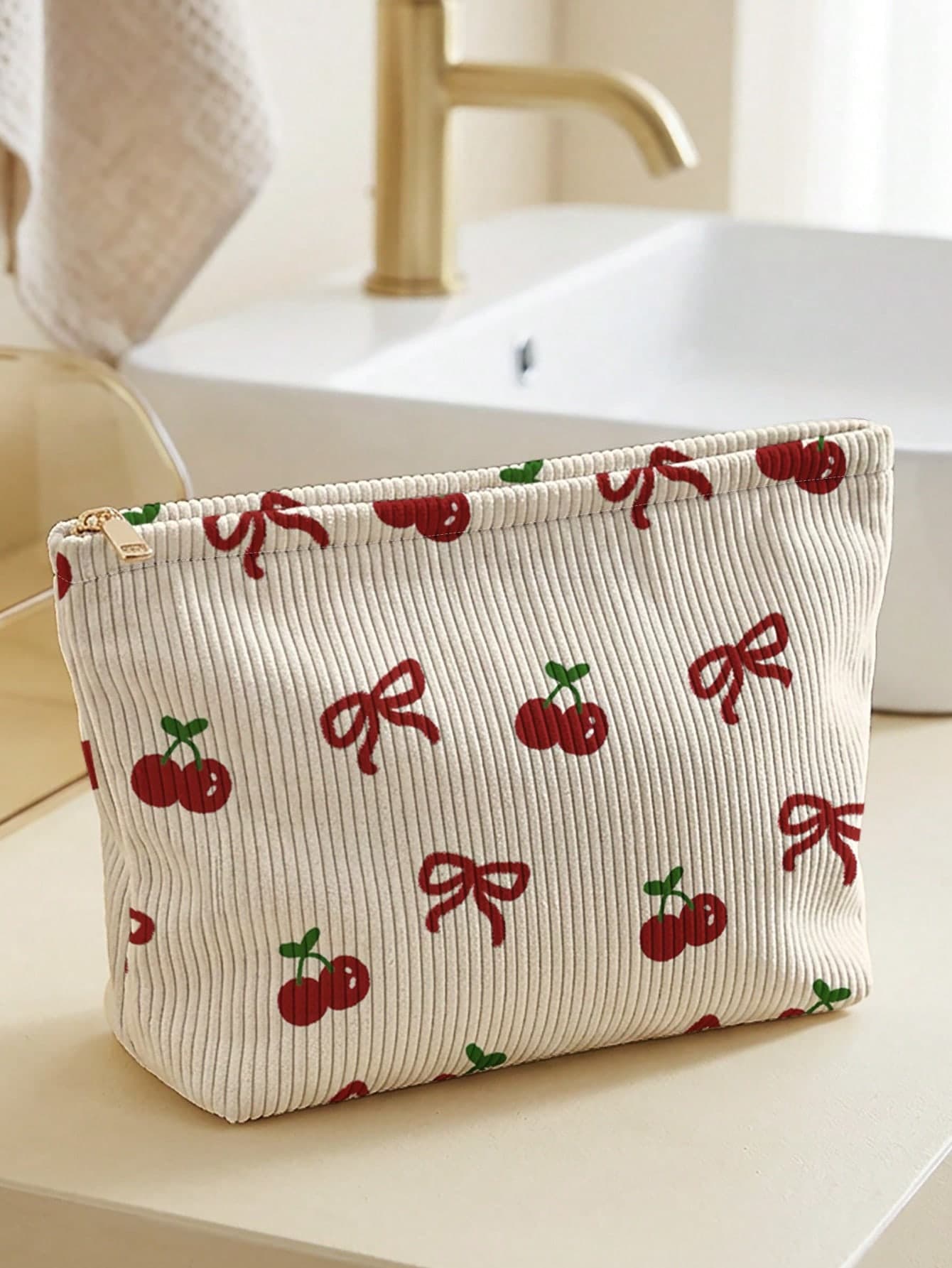 1pc Cherry&Bow Print Corduroy Zipper Cosmetic Bag,Toilet Bag, Lined Large Capacity Organizer For Travel, School & Girls Daily Use
