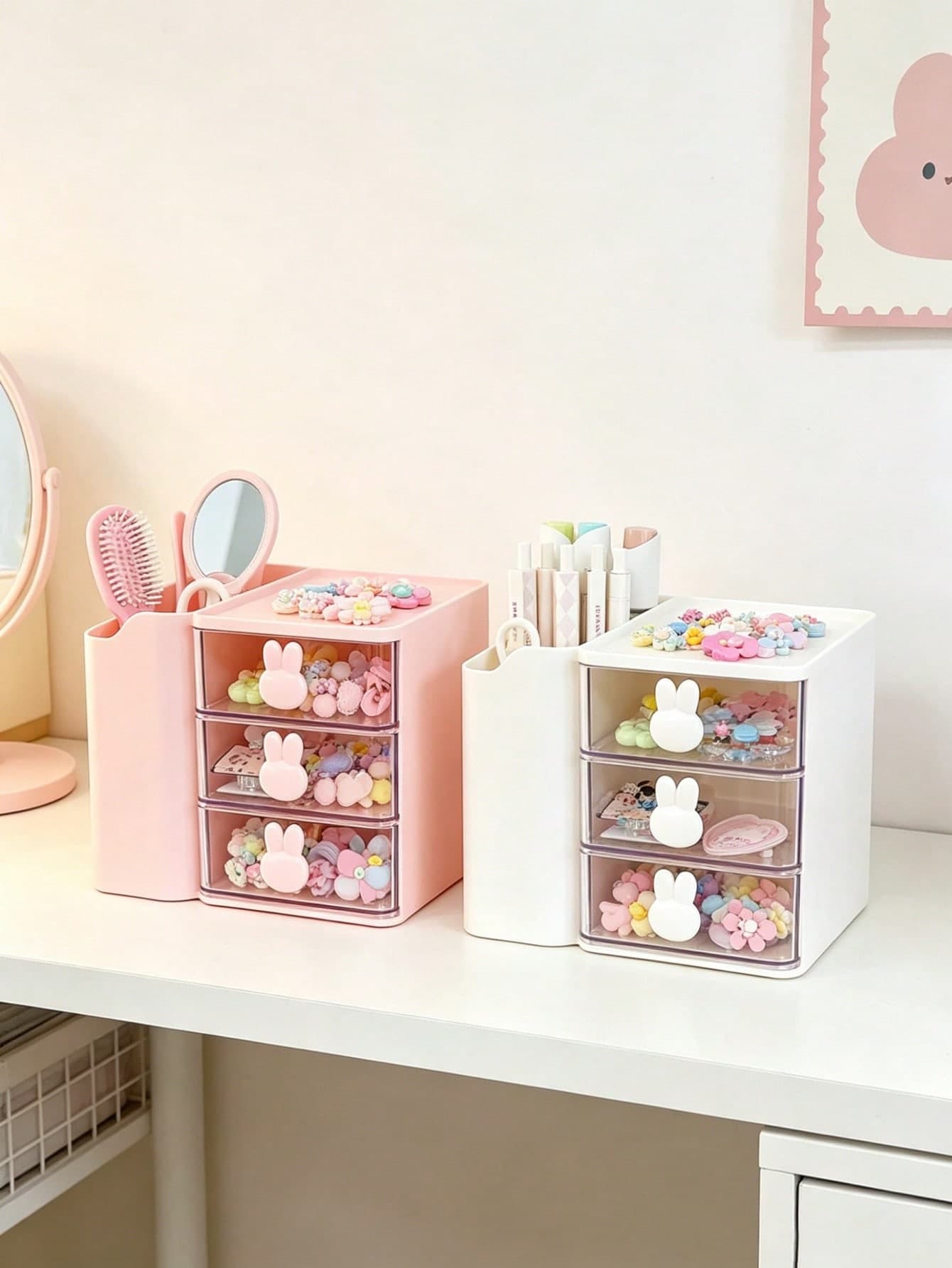 OBOVAY 1pc Baby Hair Accessories Storage Box, Cute Rabbit Shaped Handle, 3 Compartments, Girls Room Decor, Baby Girl Supplies, Newborn Essentials