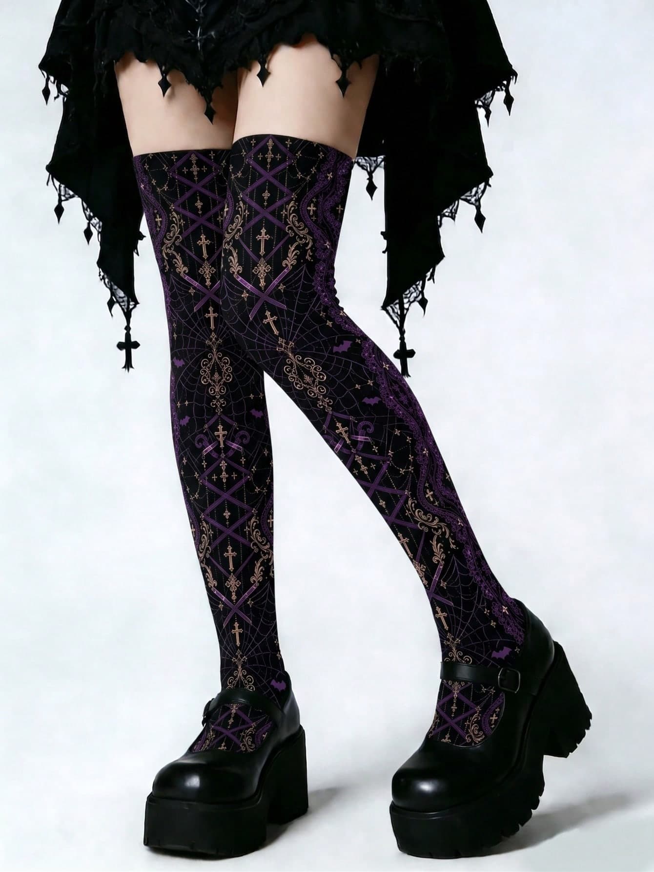 1 Pair Dark Lolita Style Cross Bat Print Over-The-Knee Socks, Slimming Elastic Long Tube Socks, Witch Style Over-The-Knee Long Socks
