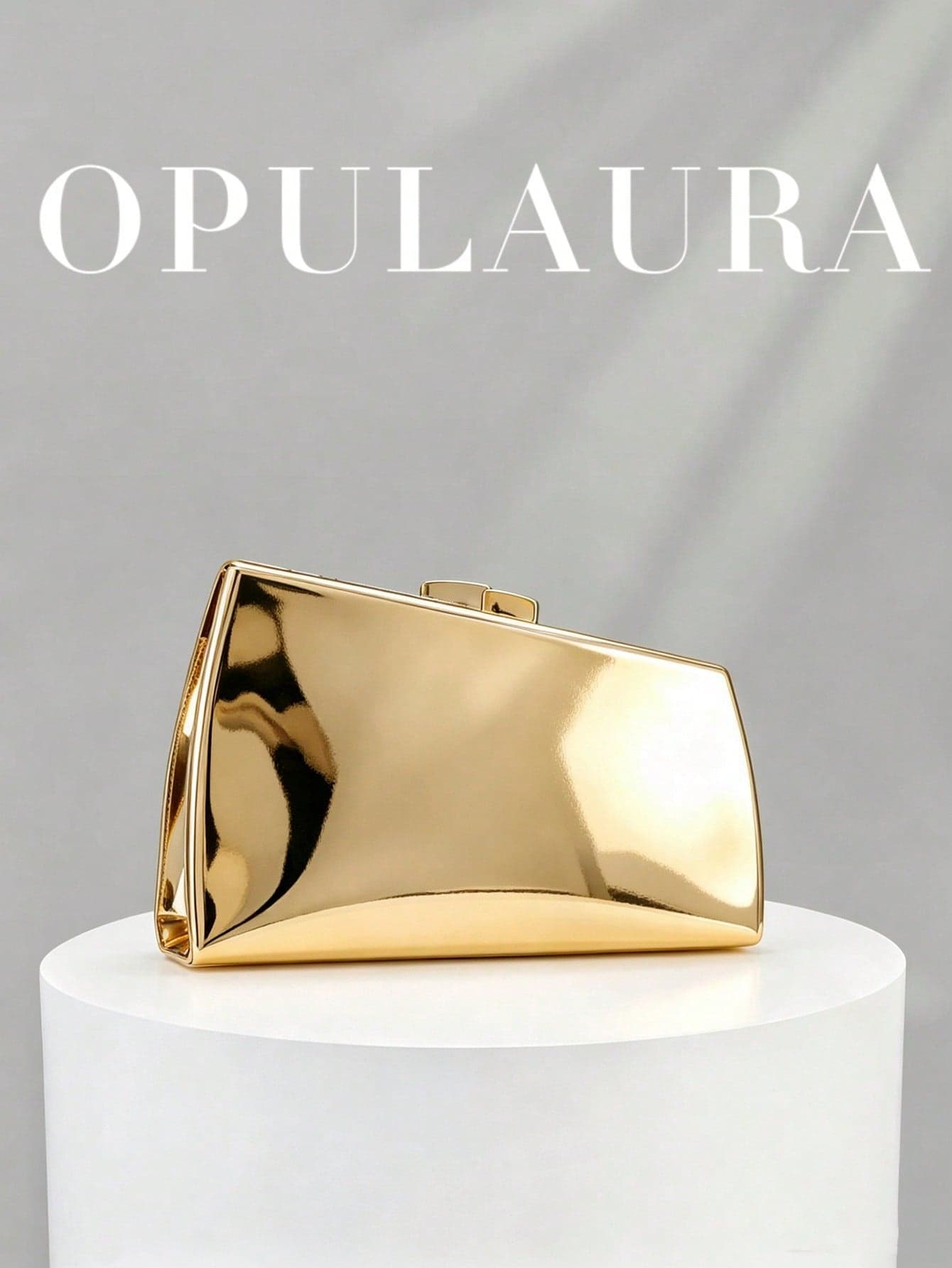 OpulAura 1pc Gold-Tone European & American Style Women's Polyester Clutch Bag, Featuring Asymmetric Box Design With Contrast Color Clasp, Suitable For Party, Wedding/Anniversary, Valentine's Day