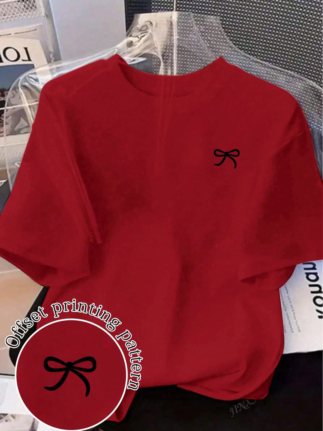 Bow Print Loose Fit Short Sleeve T-Shirt, Spring/Summer Casual Red