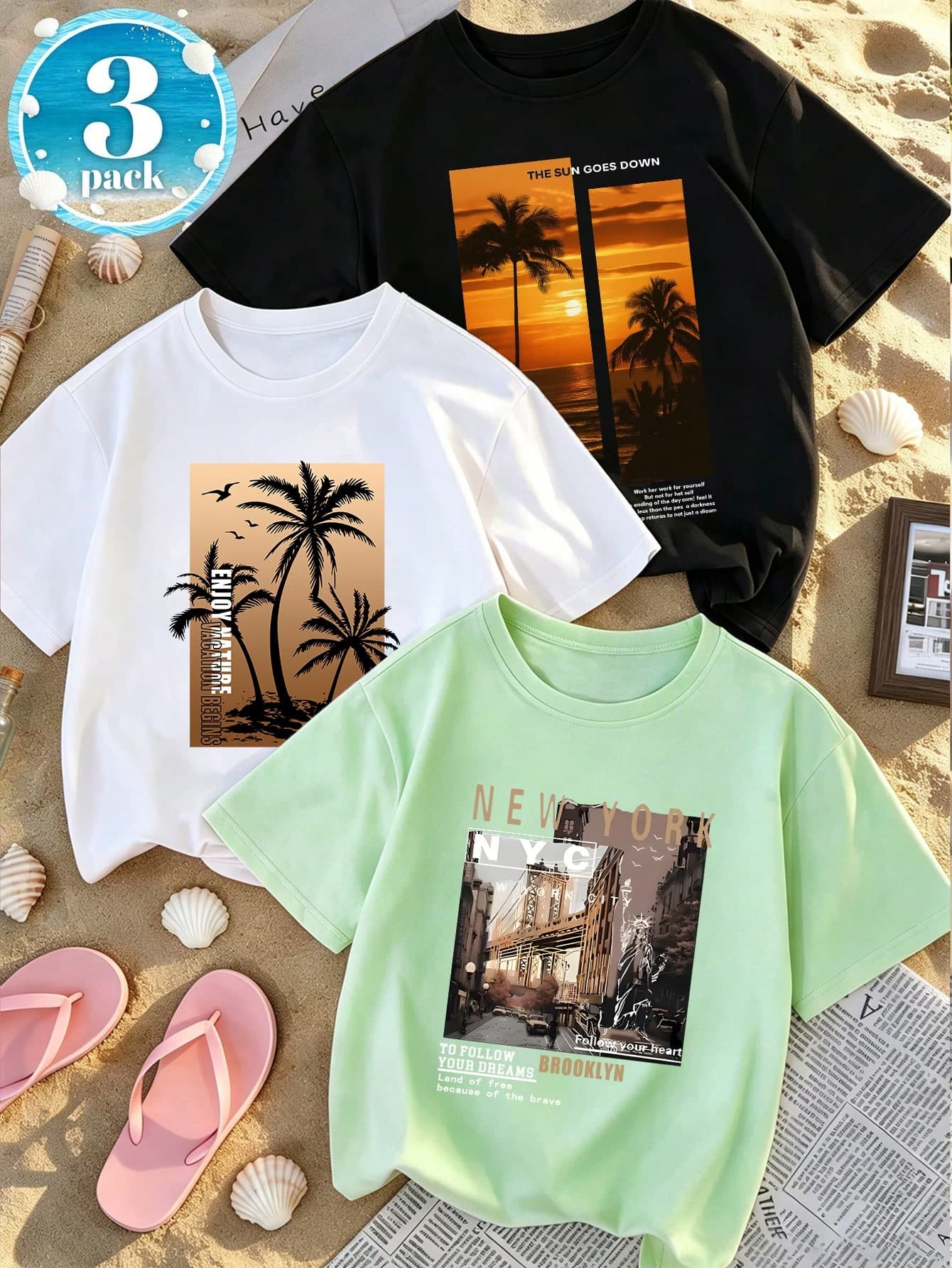 3pcs/Set Boys' Casual Printed Round Neck Short Sleeve T-Shirt, Summer Student Youth Clothing - The T-Shirt With Sunset Palm Tree Print Brings Joy And Happiness To Every Child!