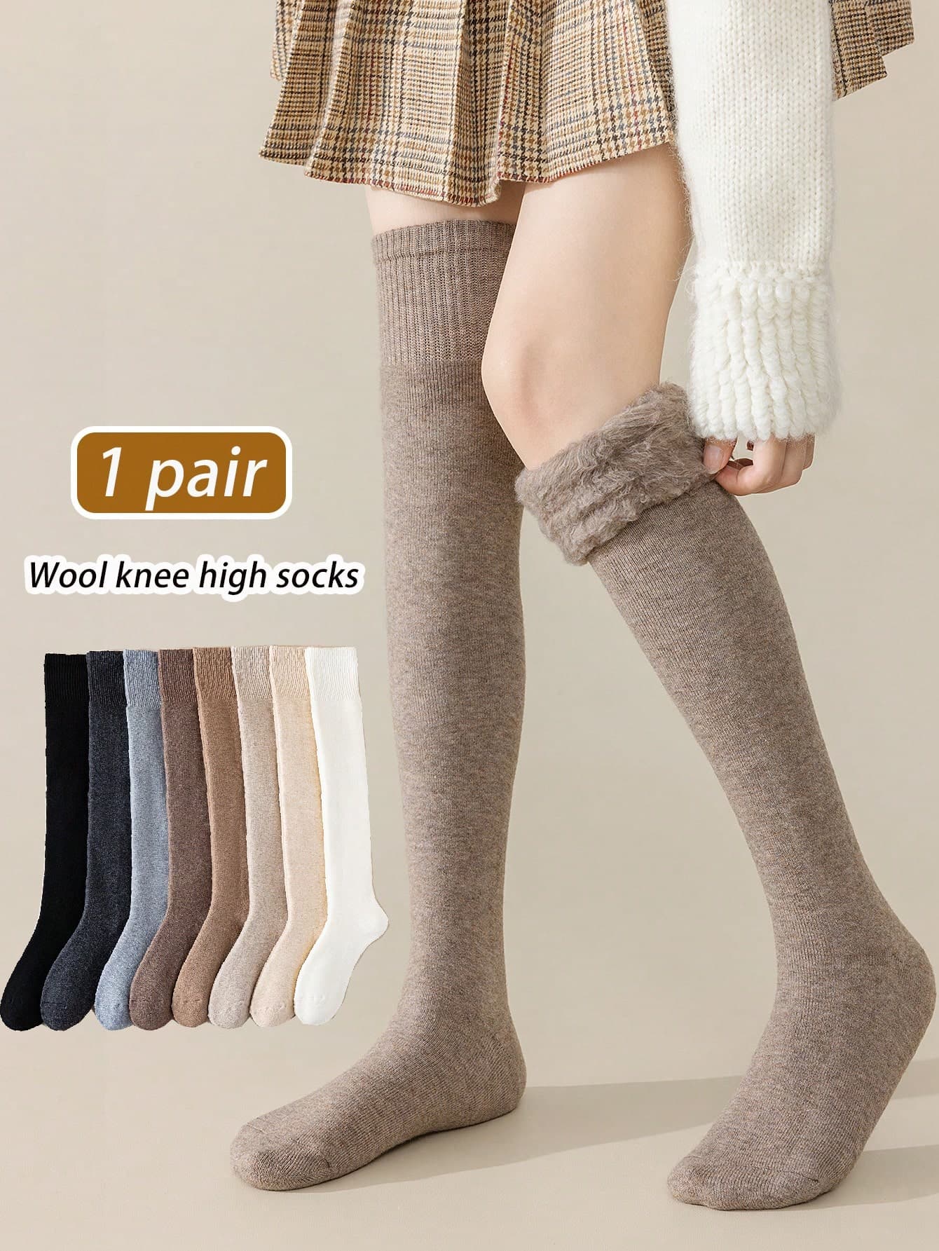 1 Pair Wool Blend Thigh High Socks, Warm Thermal Lined Solid Color Over,The,Knee Stockings For Women, Winter, Cozy Socks