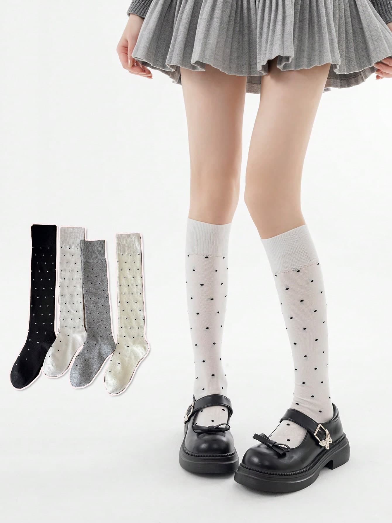 1/4 Pair Women Calf Socks, Polka Dot School Style Slimming Leg High Socks, Versatile To Pair With Skirts