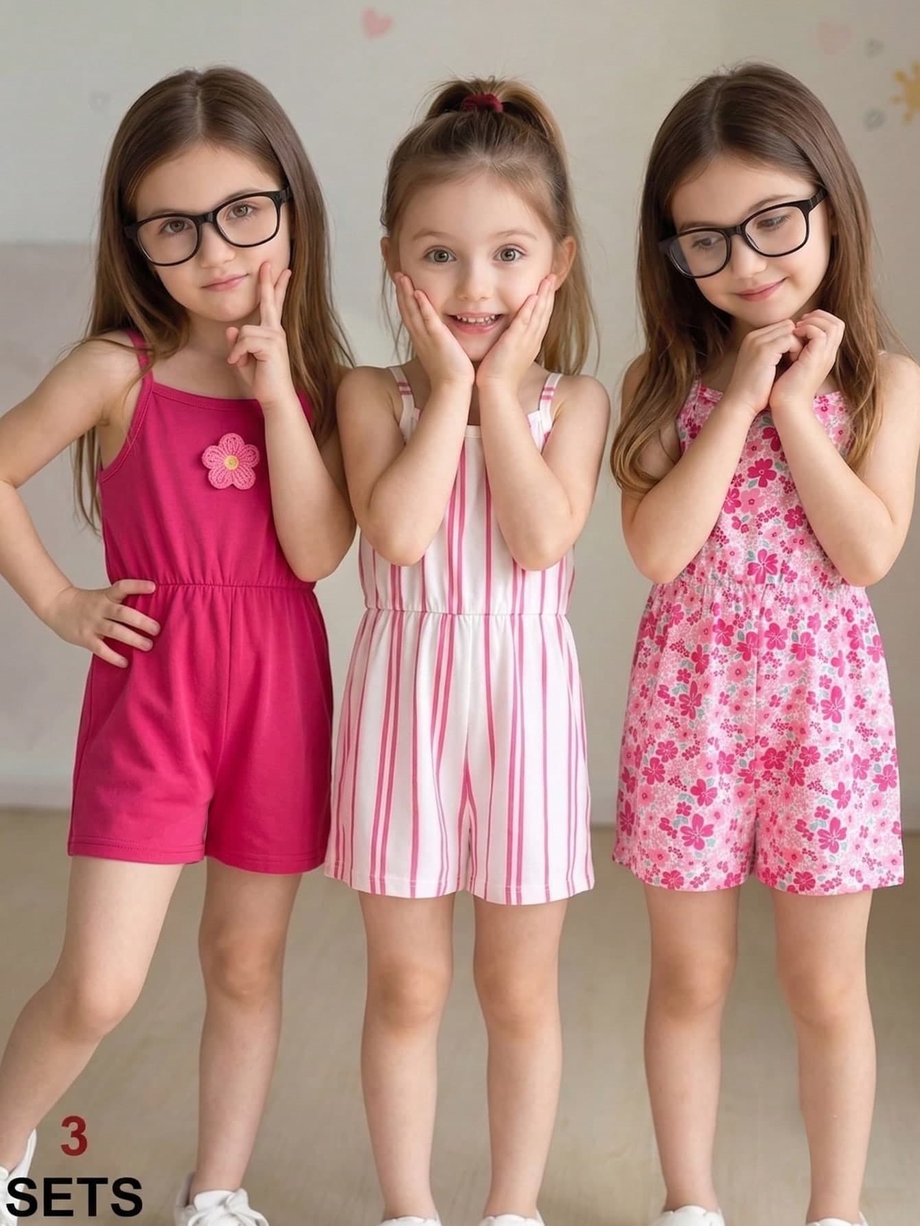 Young Girls' Summer Vacation Style Fuchsia Striped Ditsy Floral Camisole & Shorts 3-Piece Set