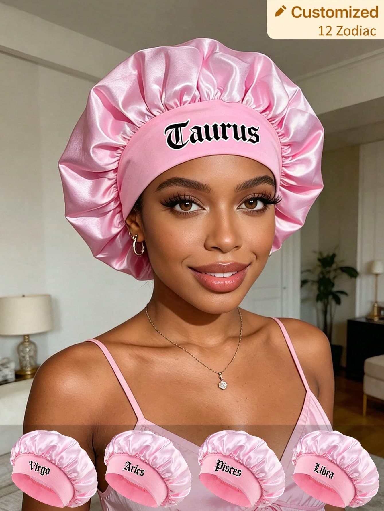 1pc Luxury Satin Sleep Cap, 12 Zodiac Letter Options, Lightweight Hair Protection, Suitable For Curly, Braided And Natural Hair, Essential Nighttime Hair Care, Soft Comfortable Versatile, High-Quality Bathroom Accessory, Sleep Cap, Sleeping Cap, Travel Beauty Essential