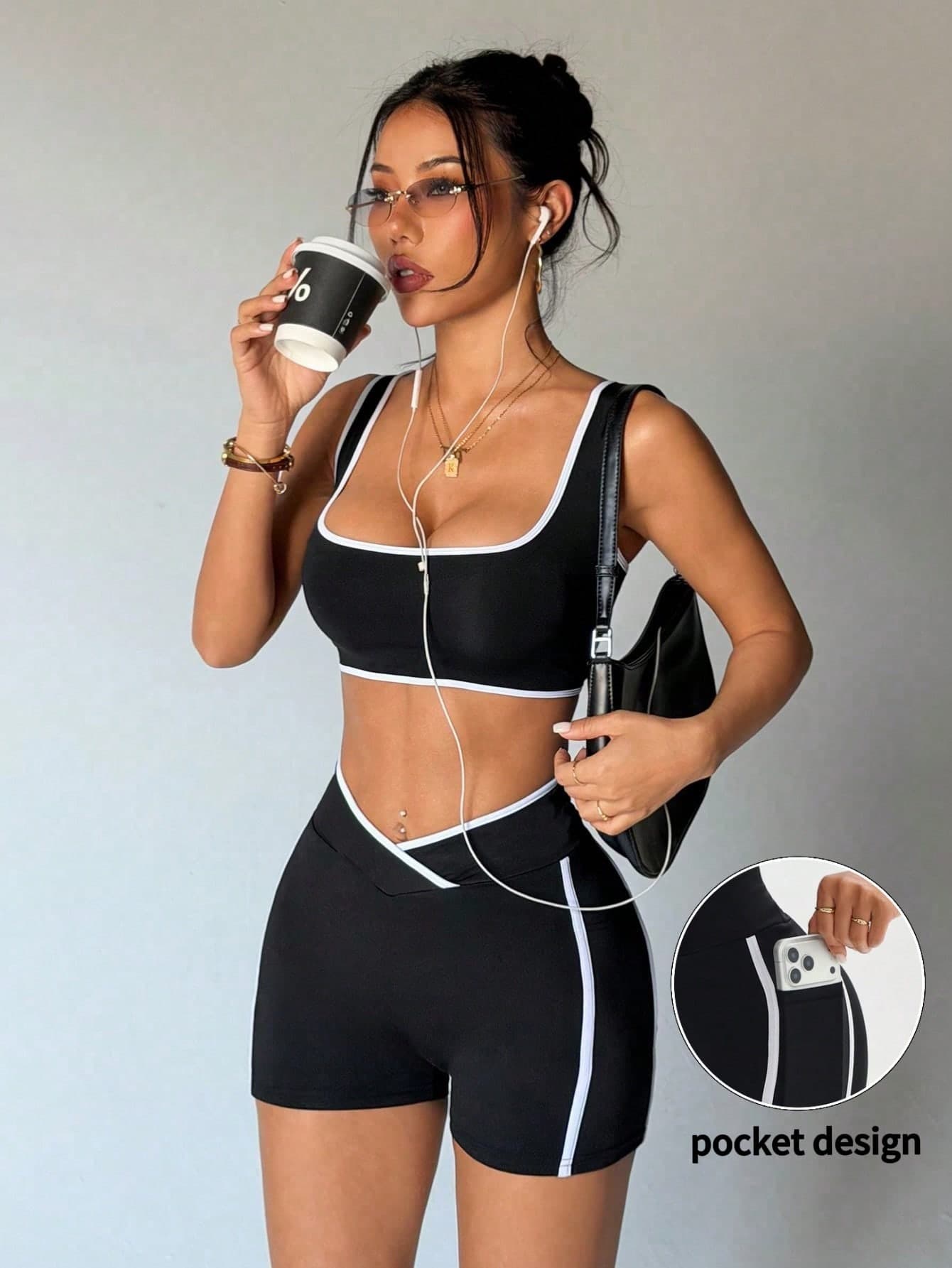 Women's Yoga Contrast Color Sports Set, Fitness Tight Pants 2 Pieces Set, Sportswear, Black Sports Suit