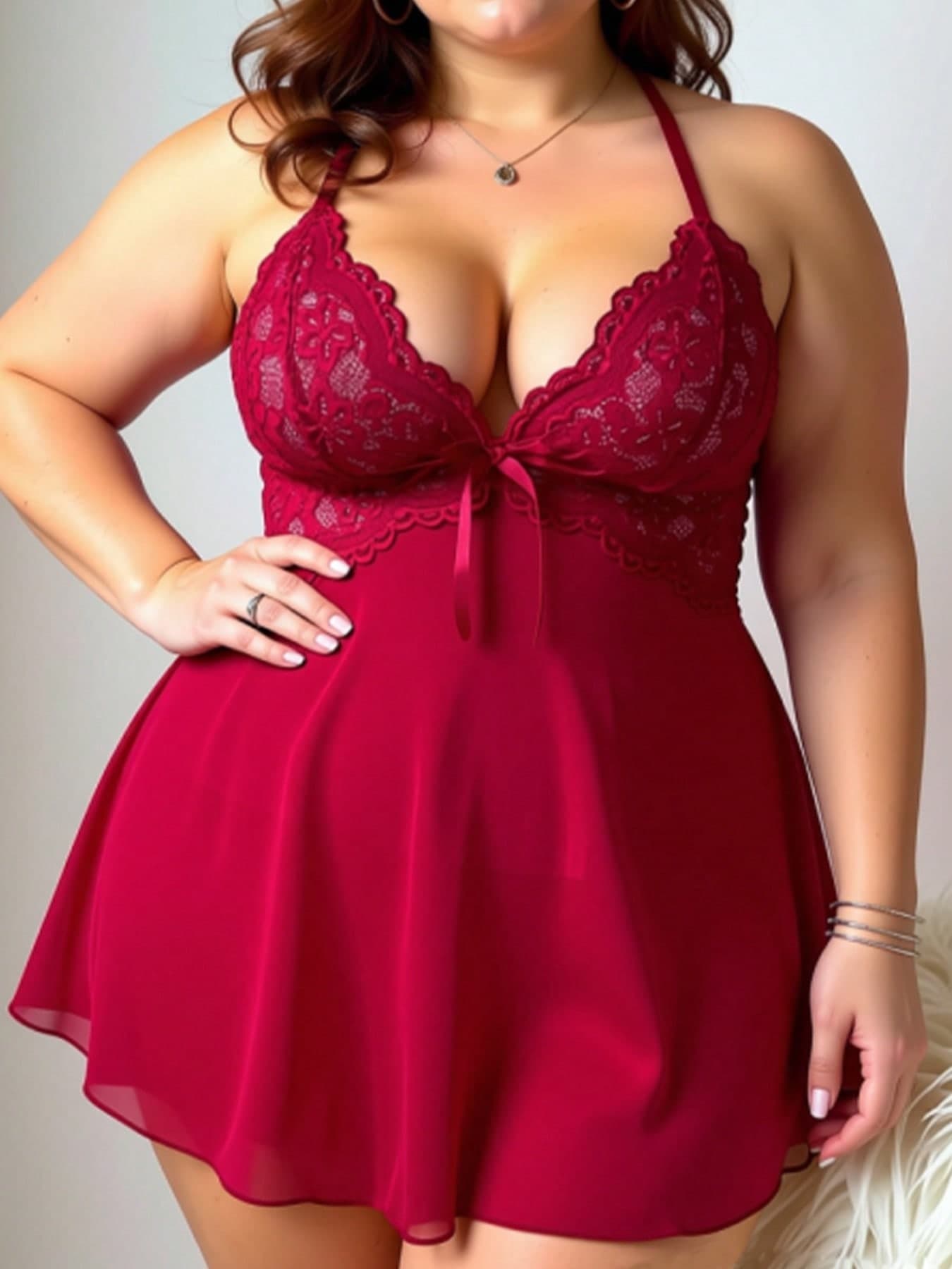 SOFUSEN Sexy Nightgown, Lace And Mesh Patchwork Halter Neck Loungewear, Deep V-Neck Backless Sleeveless Lace Patchwork Slit Design, Elastic Charming Sleepwear