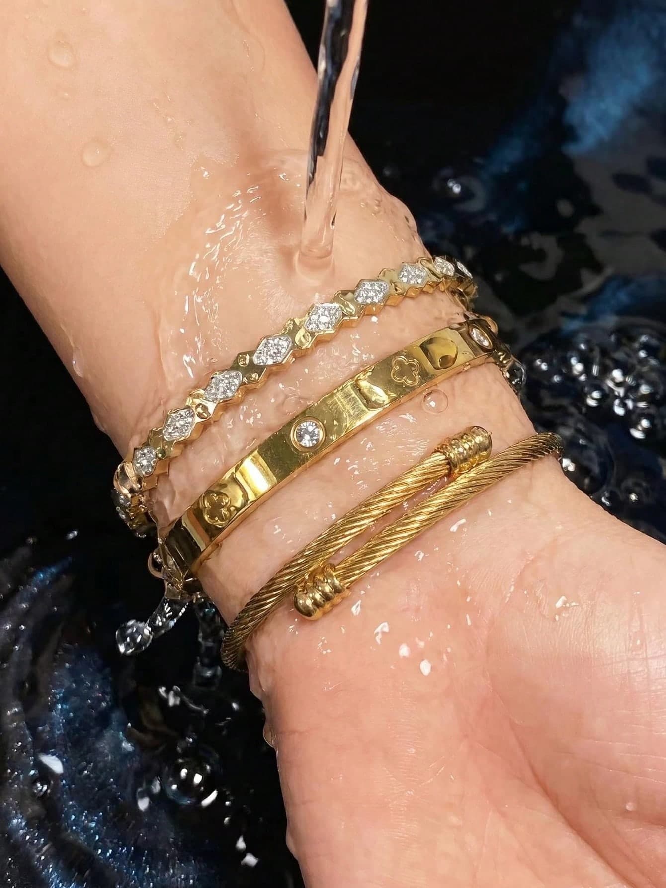 1/3pcs Women's 18K Gold Plated Stainless Steel Bracelet Set With Diamond Clover And Steel Wire, Vintage Elegant Jewelry Suitable For Daily Wear, Gift, Party, Fashion Christmas Gift