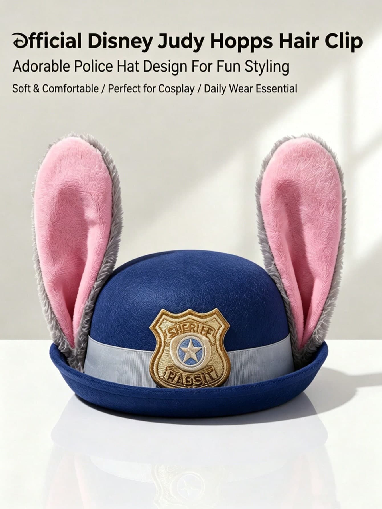 Disney Zootopia Judy Hopps Bow Decorated Police Hat, 57cm Plush Rabbit Ear Police Badge Costume Hat, Suitable For Theme Park Cosplay And Daily Wear