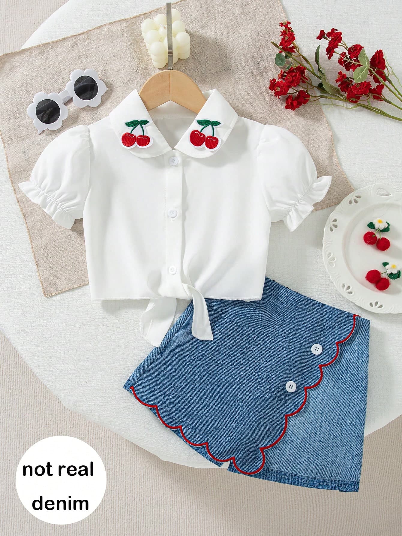 2pcs/Set Girls' Casual Solid Color Short Sleeve Top With Patch Decor Princess Sleeve And Shorts, Spring/Summer