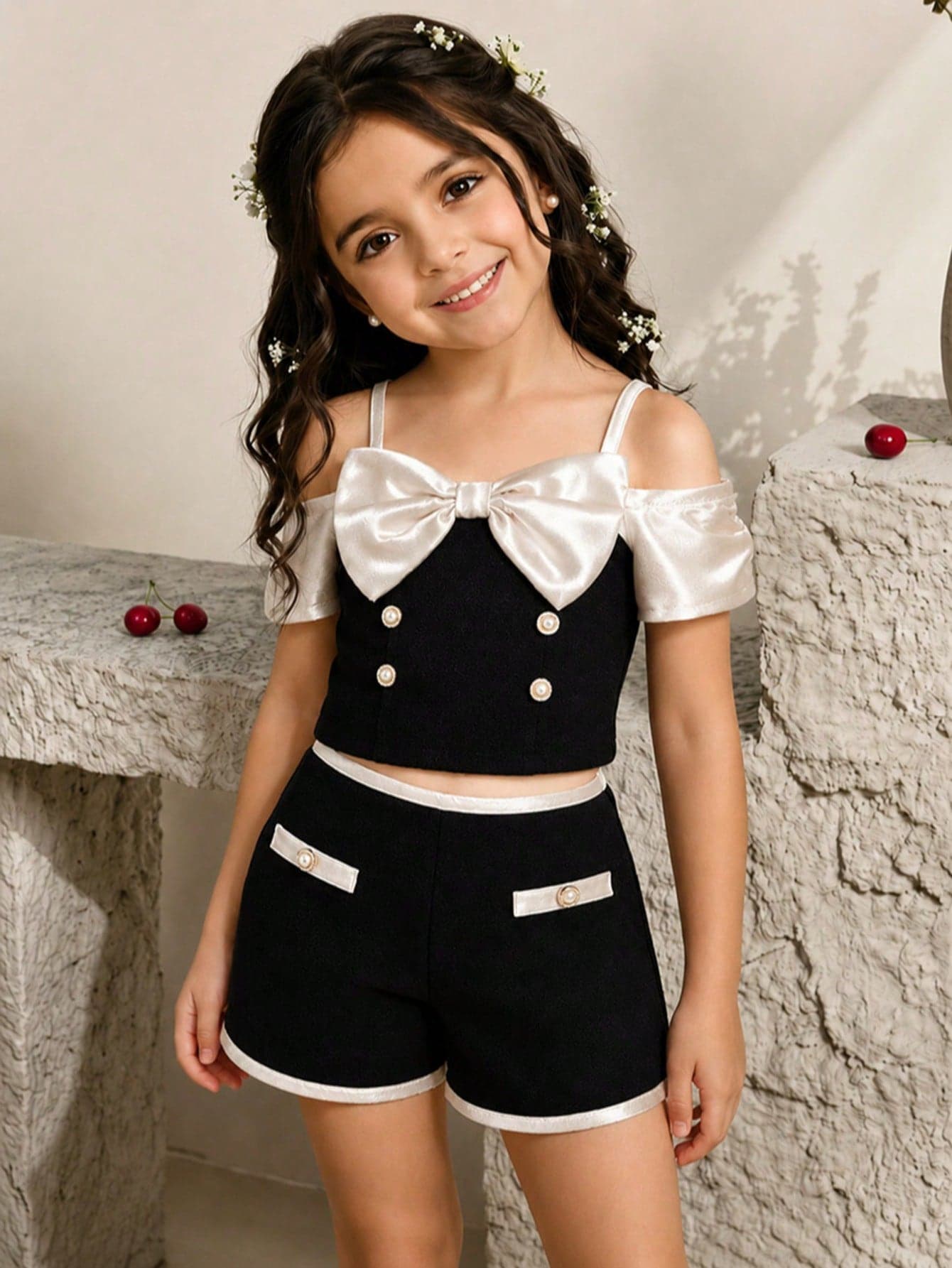 2pcs/Set Toddler Girls' Fashionable Elegant Satin Bow Camisole Top And Colorblock Shorts Summer Outfit