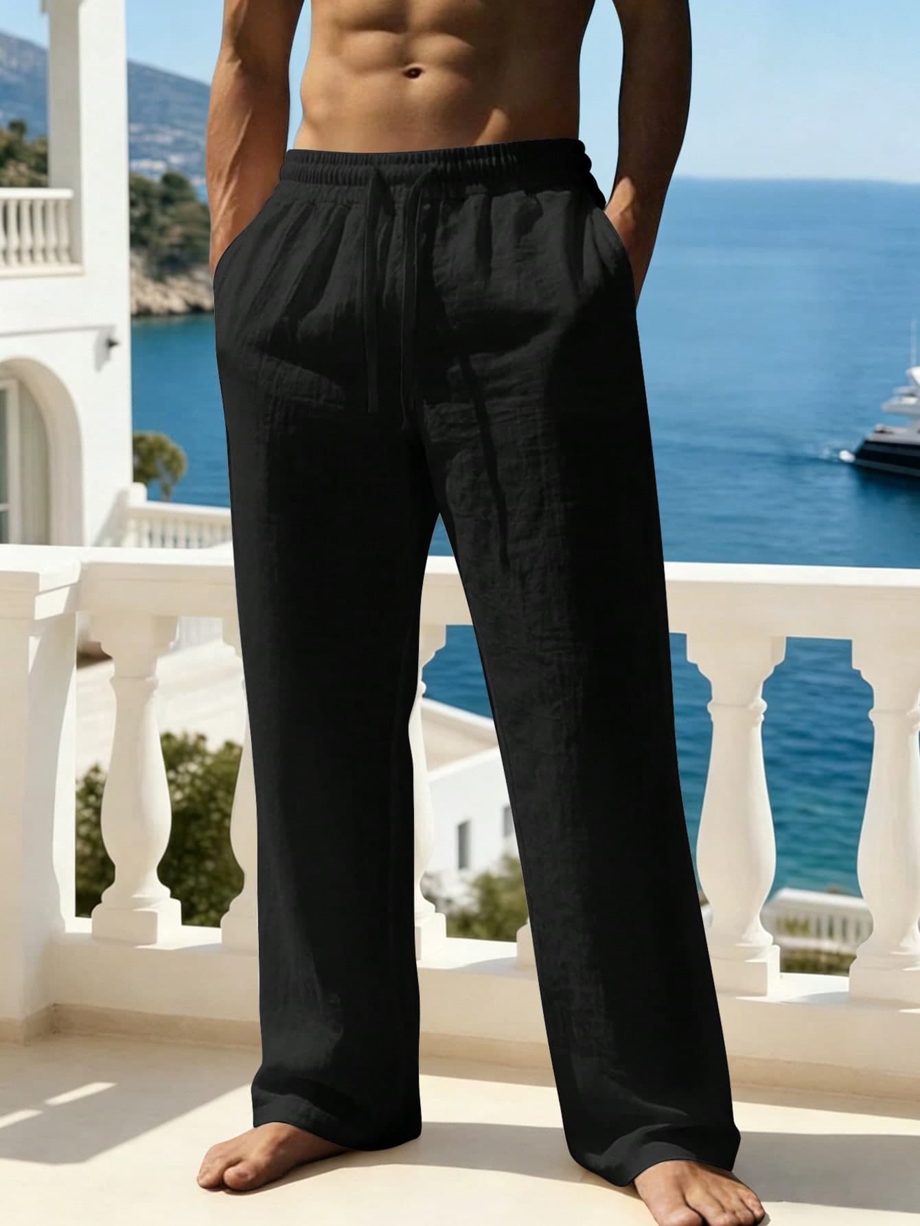 Kolrap Men's Summer Solid Color Thin Drawstring Pants, Casual Regular Fit Straight Leg Beach Trousers, Suitable For Everyday Lightweight Wear, Linen Blended Fabric (Thin Fabric May Wrinkle Easily And Have Slight Transparency, Caution For Those Who Mind, Size Runs Small, Recommend Ordering One Size Up)