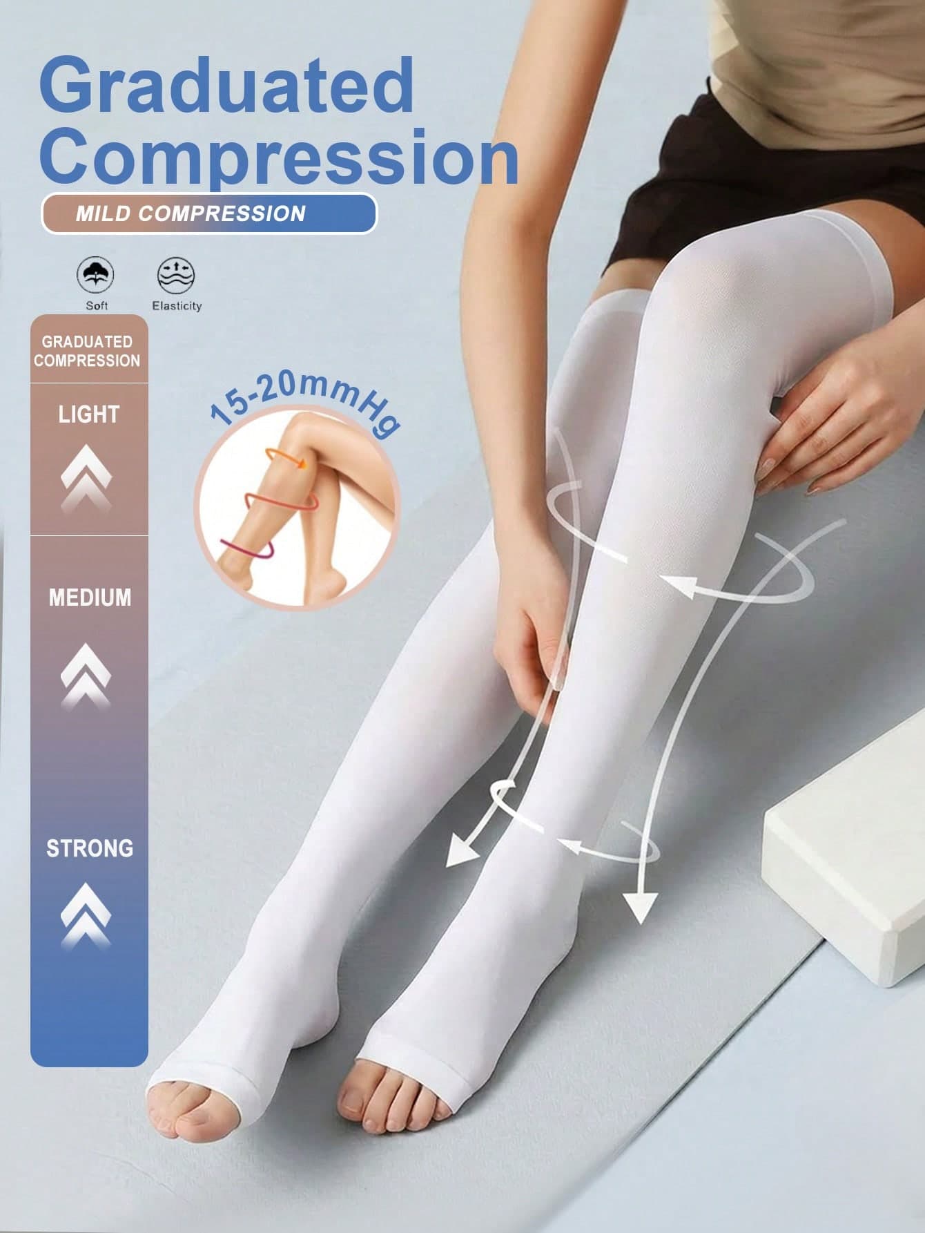 1 Pair Professional Women's White 15-20 MmHg Open Toe Compression Knee-High Socks, Breathable And Comfortable, Suitable For Long Sitting And Standing, Graduated Compression Leg Support