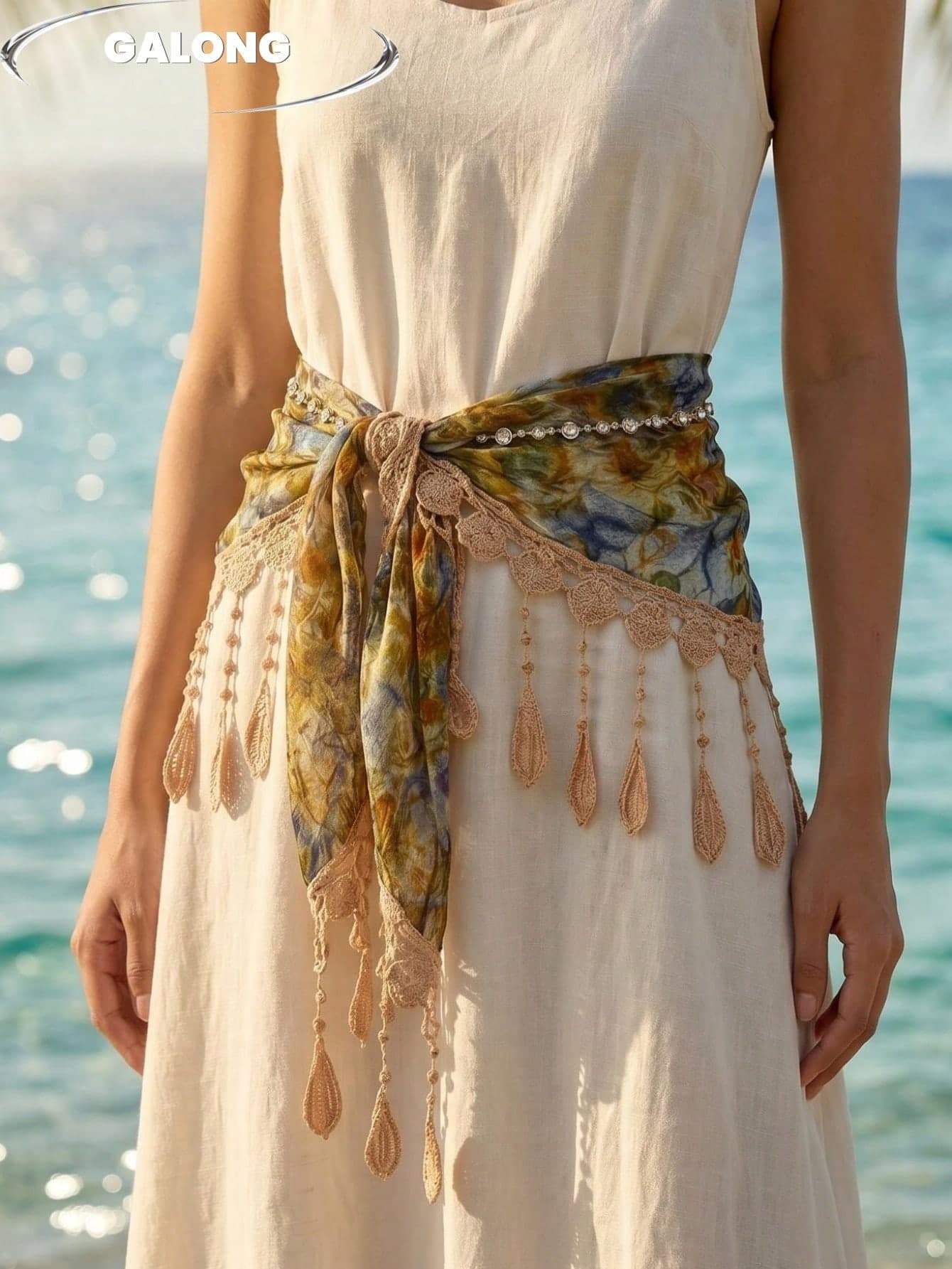 Bohemian Vacation Style Lace Patchwork Waist Belt, Vintage Oil Painting Gradient Print Silk Scarf Belt, Handmade Beaded Tassel Decor, Dress Waist Accessory