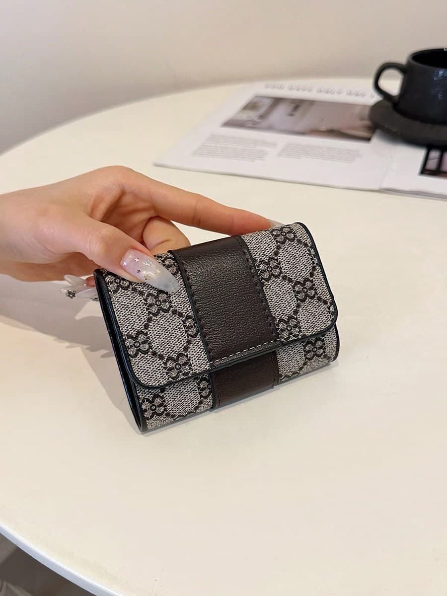New Women's Brown PU Floral Print Pattern Small Accordion Card Holder With Multiple Card Slots, Fashionable Versatile Anti-Theft Card Storage Pouch With Flap, Vintage Lightweight Handheld Bag