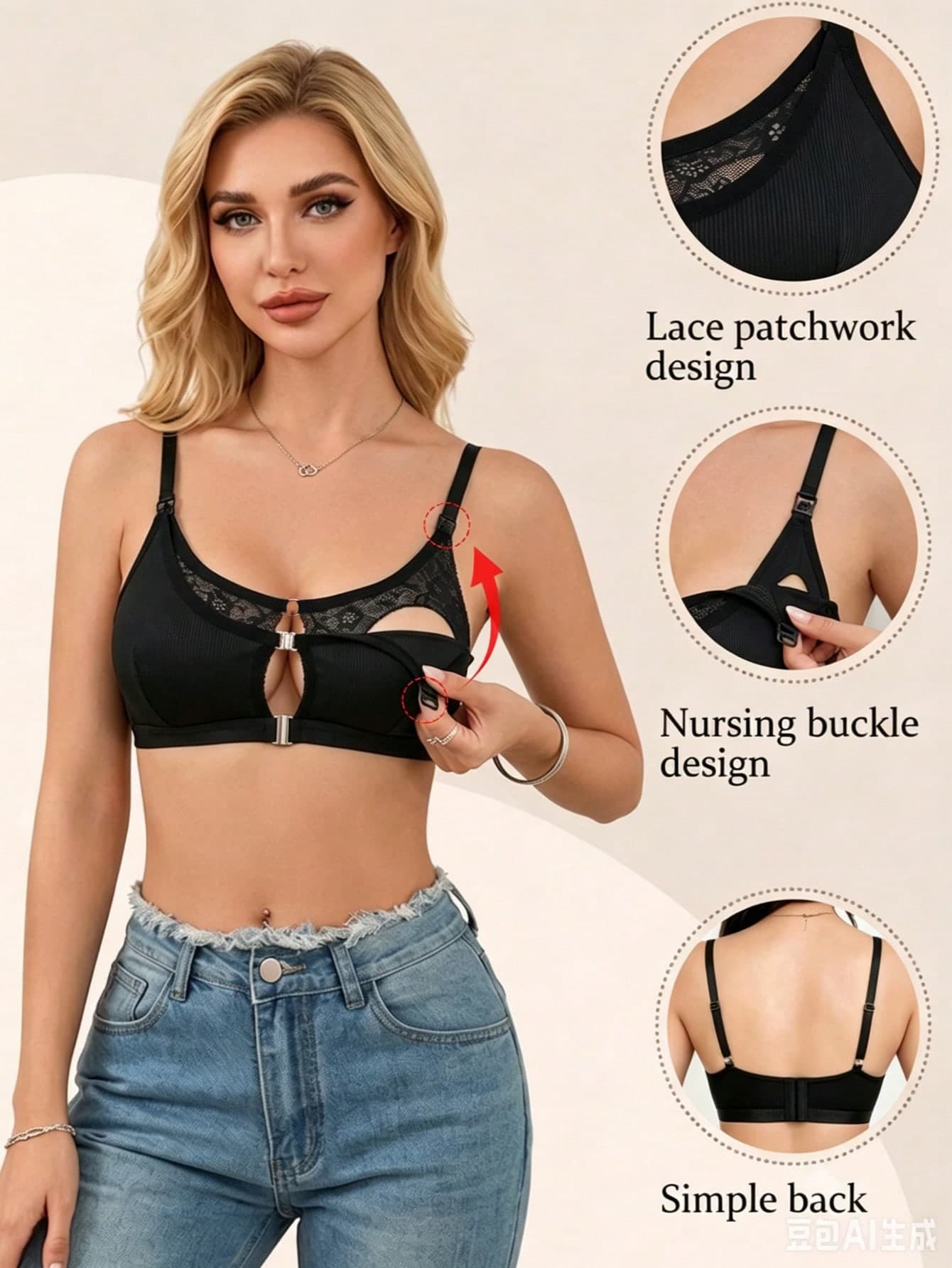 Maternity & Nursing Lace Bra, Black Hollow-Out Ribbed Design, Front Clasp Closure, Comfortable Lingerie