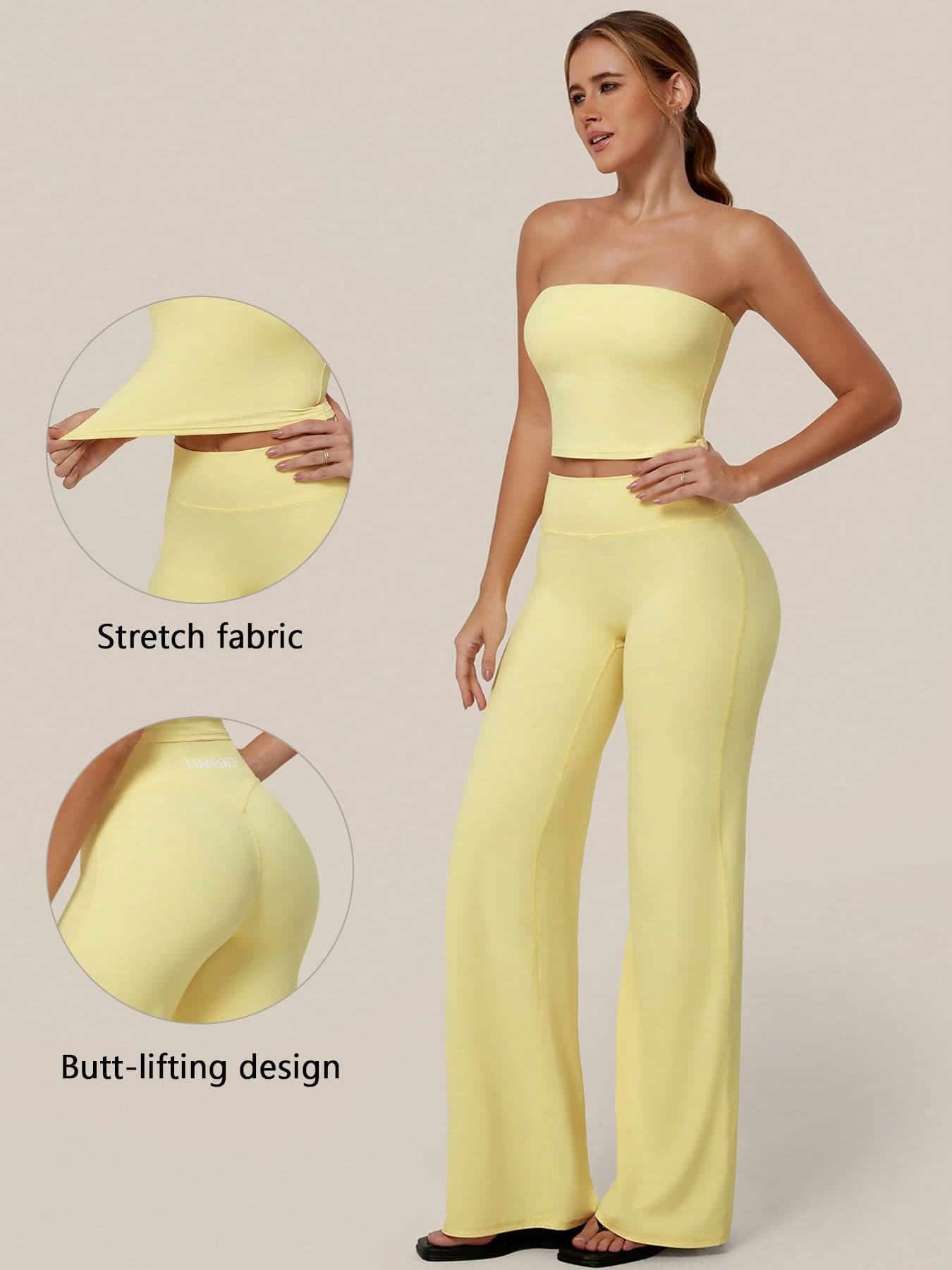 TimeOff Women's One Set Solid Color Removable Padded Strapless Bandeau Top High Waist Wide Leg Pants Sports Set