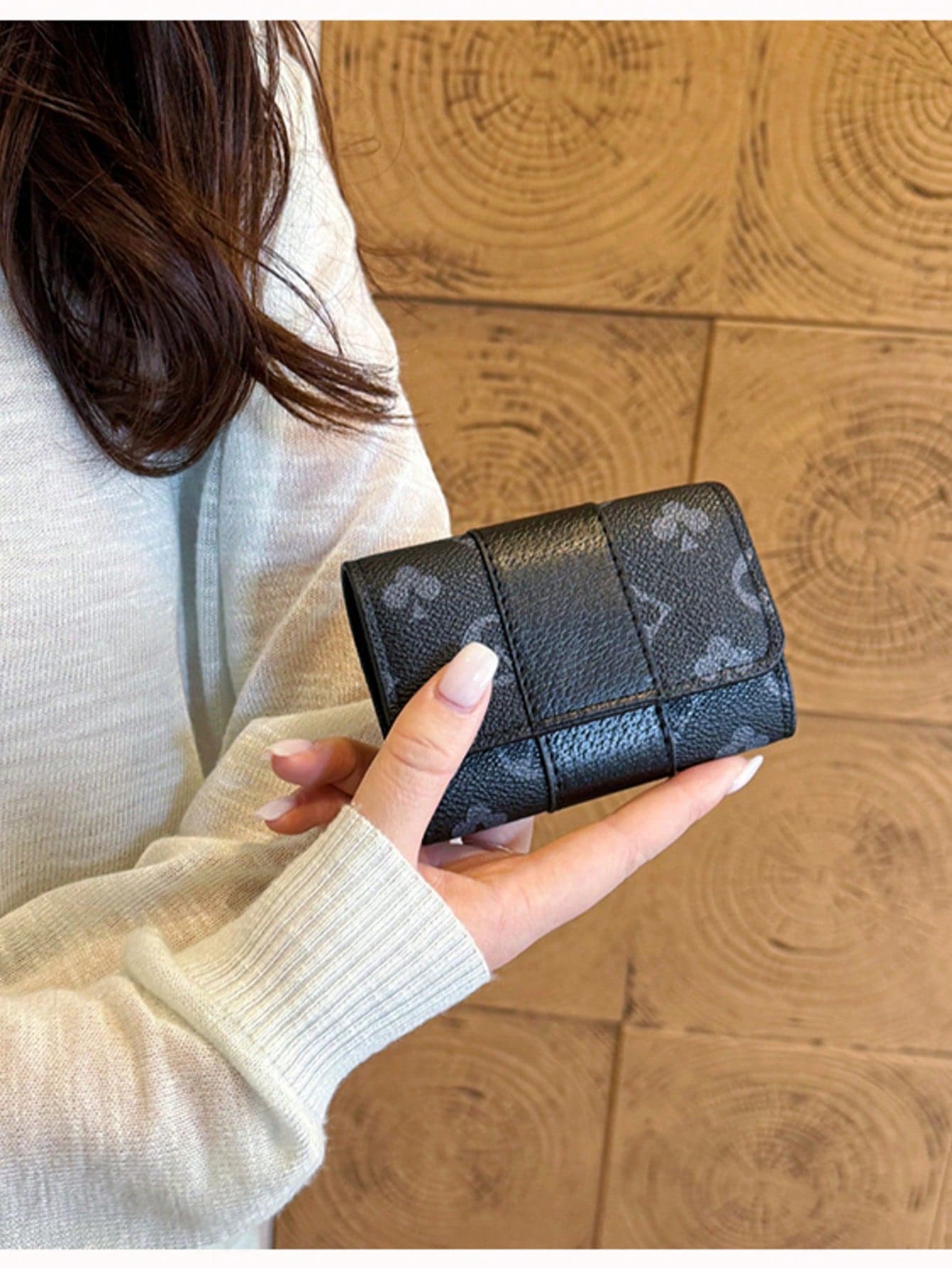 New Women's Black PU Floral Print Pattern Small Accordion Card Holder Multi-Slot Fashion Versatile Anti-Theft Card Storage Bag Flap Vintage Lightweight Handheld Clutch