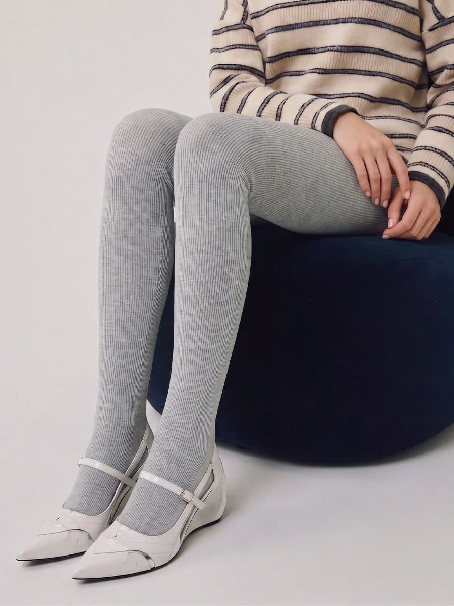 Light Gray Vertical Striped Textured Tights, High Elasticity Slimming, Korean Style Gentle Vibe, Autumn/Winter Commute Versatile Knit Leggings