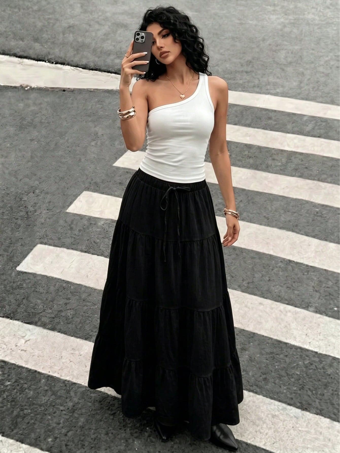 Women's Casual Holiday Multi-Layer Tiered Skirt, Suitable For Summer Wear, White Multi-Layer Long Skirt, Drawstring Skirt, Summer Fashion Skirt Black