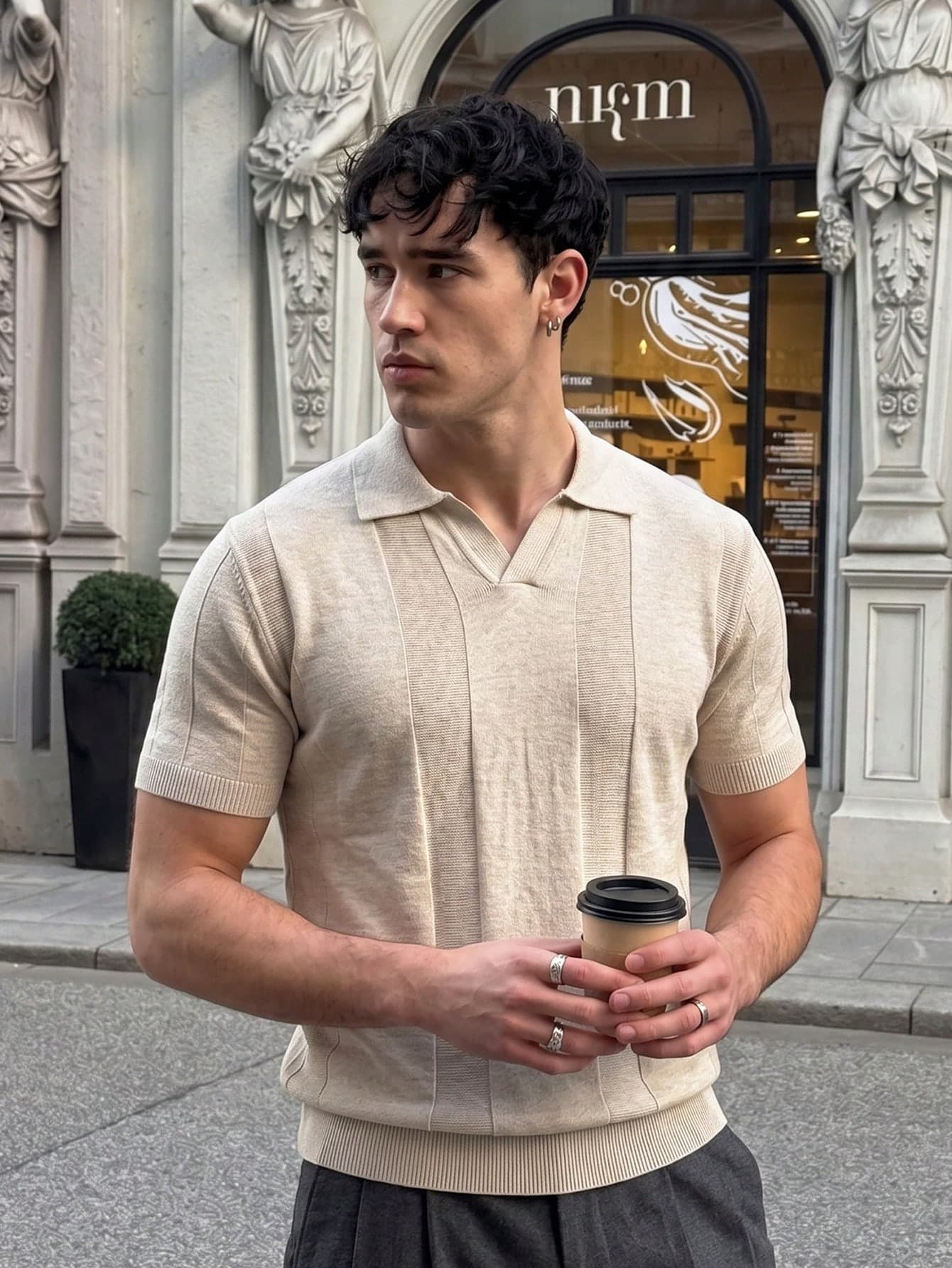 Men's Knit Polo Collar Short Sleeve Loose Fit Commuter Minimalist Vertical Striped Textured Solid Color V-Neck Thin Polo Knit Top Spring Summer