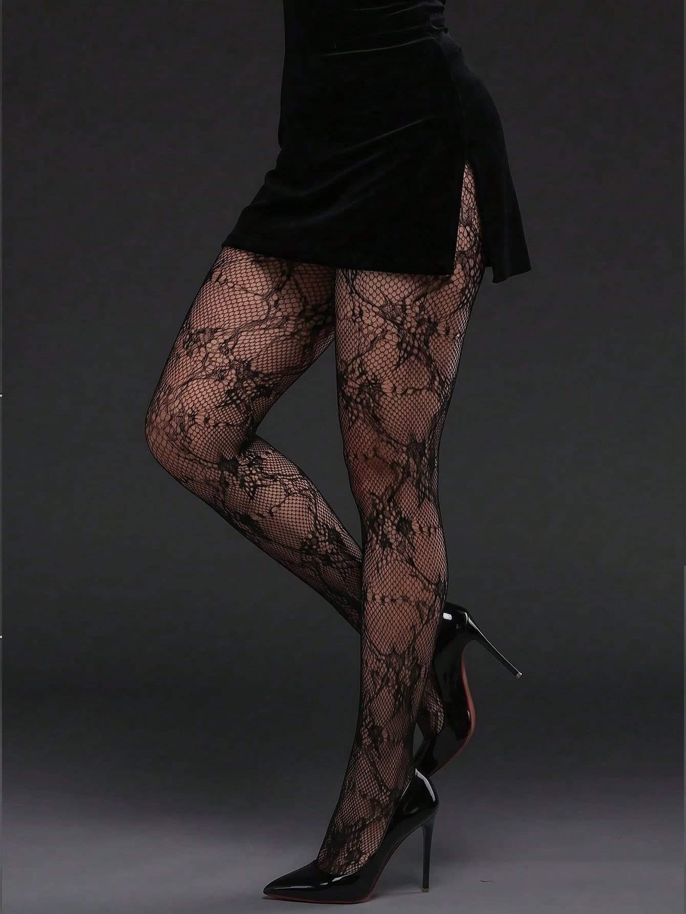 1 Pair Rose Floral Mesh Tights, Sheer Fishnet Pantyhose With Lace Pattern, Sexy Gothic Leggings For Date Night Rave Party Concert Festival