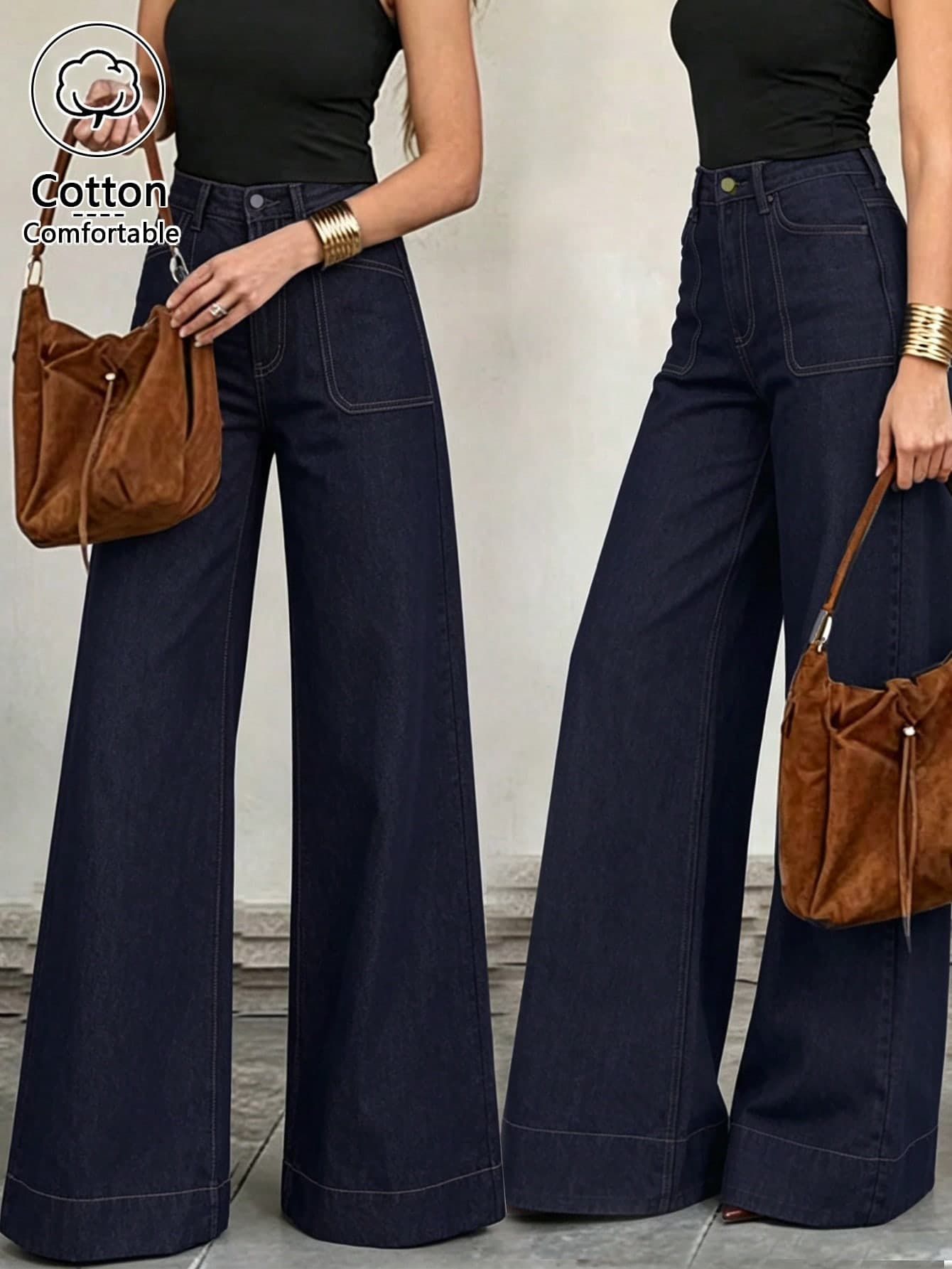 Women's Fashion Relaxed Fit Commuter Dark High-Waist Big Pocket Straight Leg Jeans, Loose Fit Workplace Afternoon Tea Outfit, Daily Bottoms Casual