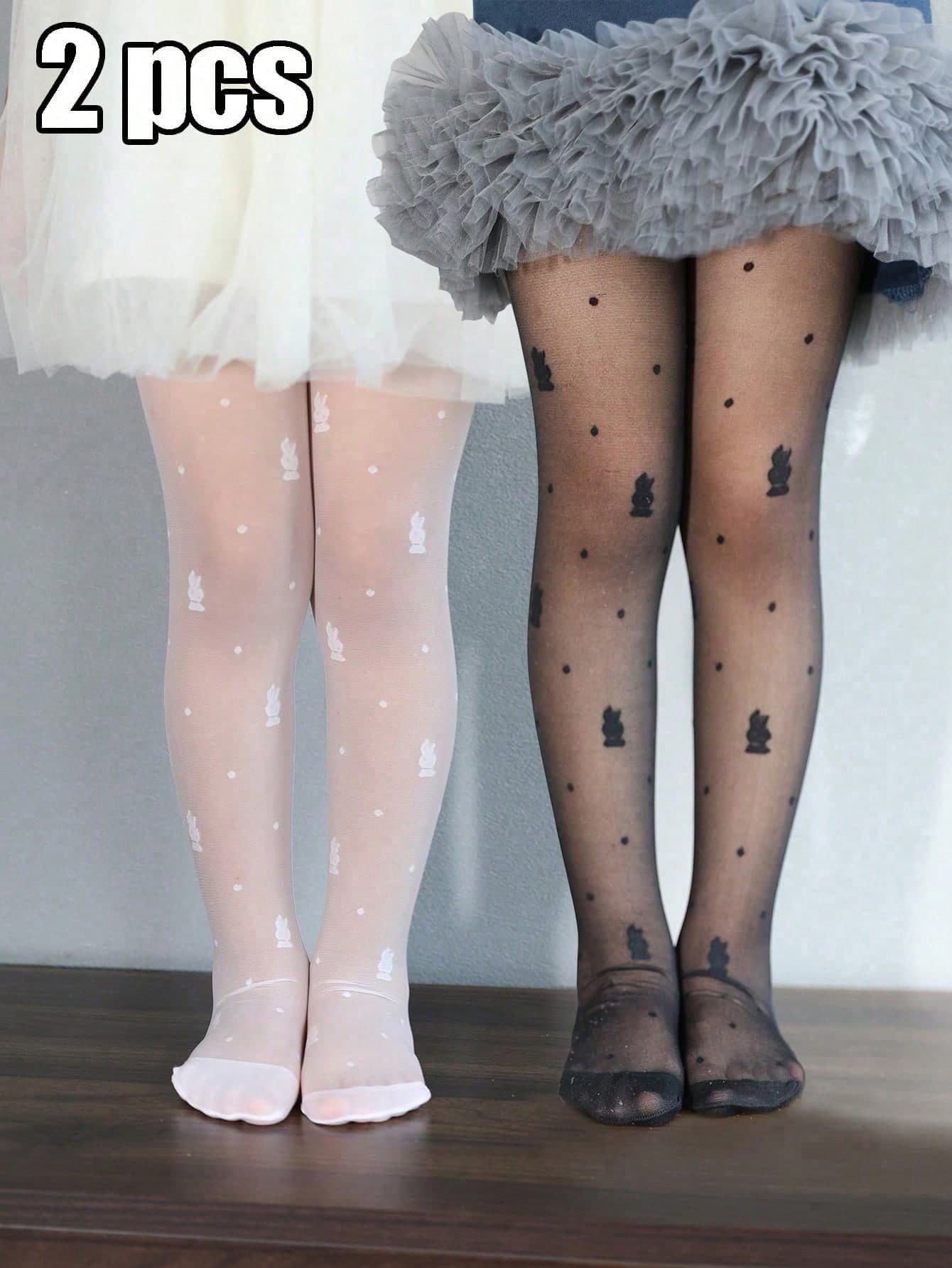 2 Pcs Baby Girls'' Jacquard Rabbit Pattern Summer Thin High-Elasticity Sheer Tights, Suitable For Wearing Outerwear