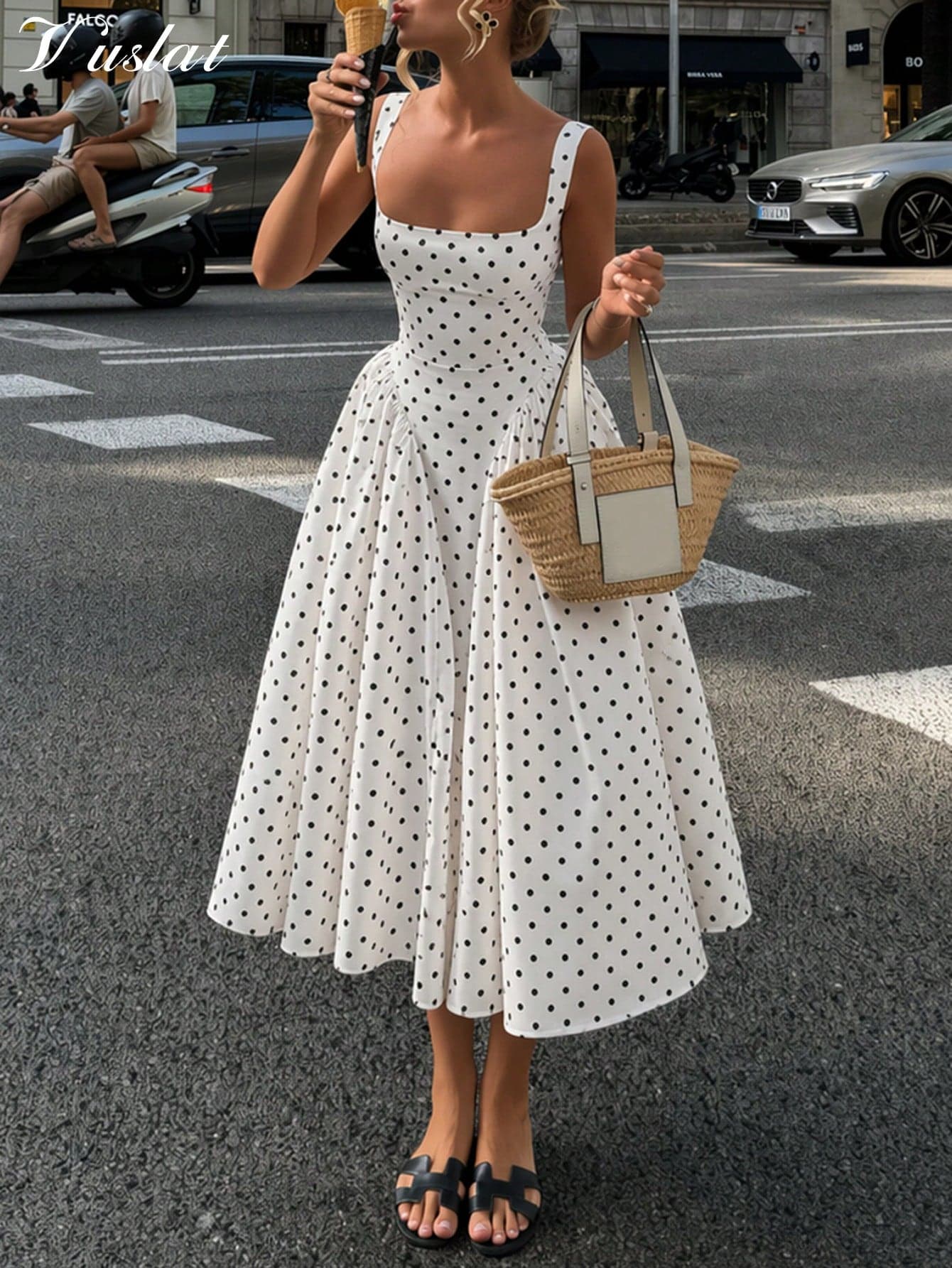 Vusalt Women's Summer French Fresh Pale Yellow & White Small Checkered Square Neck Wide Strap Ruched Full Skirt Midi Dress, Cream Yellow Base With Uniform White Fine Grid Vintage Check All-Over Print, Square Neckline With Piping, Waist Side Ruched Split, Flowy A-Line Full Skirt With Multi-Layer Patchwork Decor; Breathable Skin-Friendly Fabric: Suitable For Independence Day, Holiday Outfits, European City Street Style, Garden Afternoon Tea, Small Town Trips, Picnic Outings, Gentle Style Daily Date Wear
